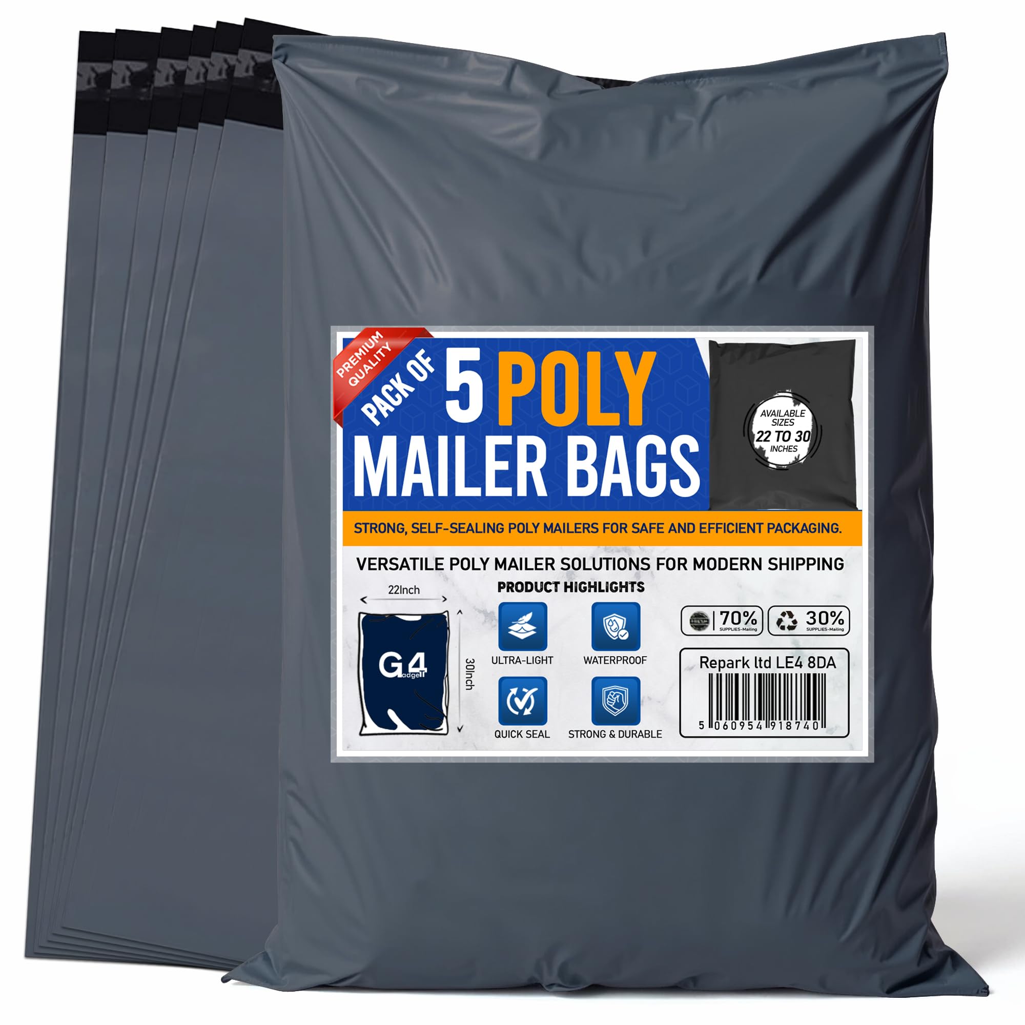G4GADGET Large Grey Postal Bags - 5 Pack, 22x30 Inch (559mm x 762mm) | Waterproof & Tear-Resistant