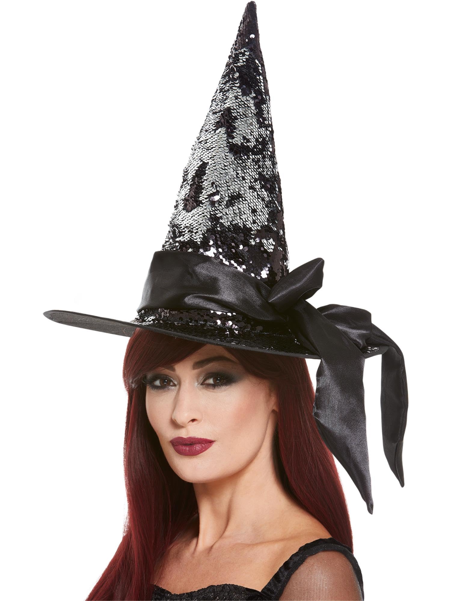 Smiffys Reversible Sequin Witch Hat with Satin Bow, Black & Silver, Halloween Costume Accessory 3
