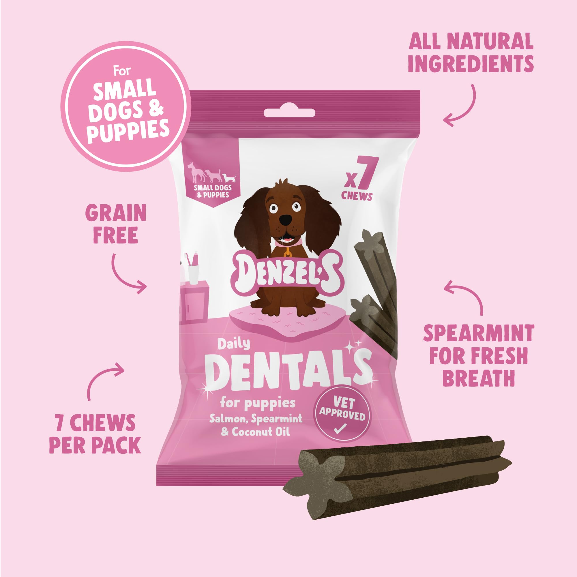 Denzel's Puppy Dental Sticks - Salmon & Spearmint Flavor | 7 Sticks | Small Dog & Puppy Oral Care