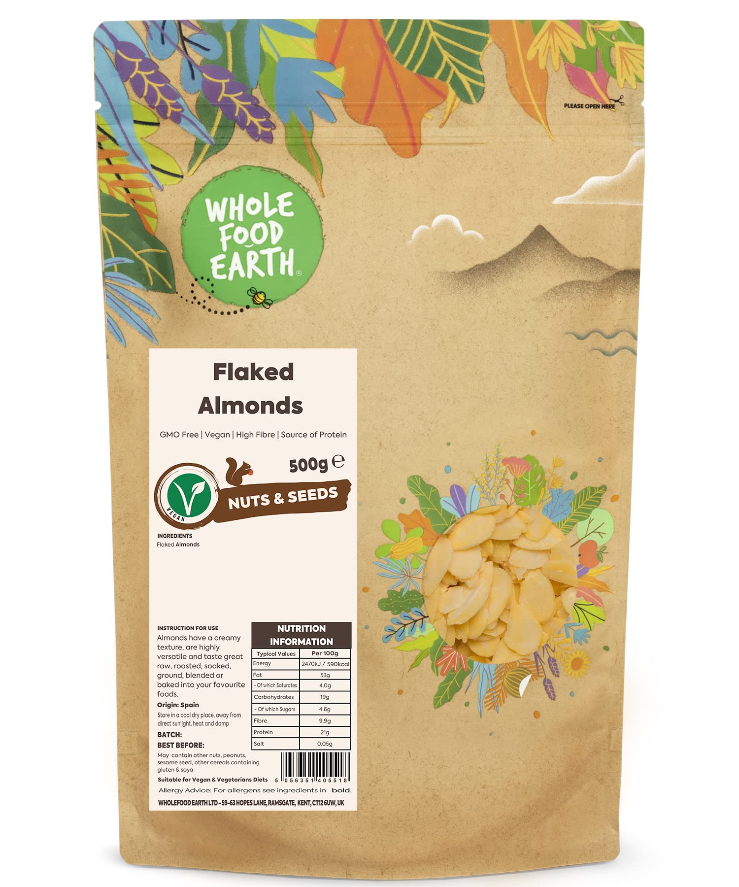 Wholefood Earth Flaked Almonds 500g | GMO-Free | High Fibre | Vegan | Recyclable Packaging 1
