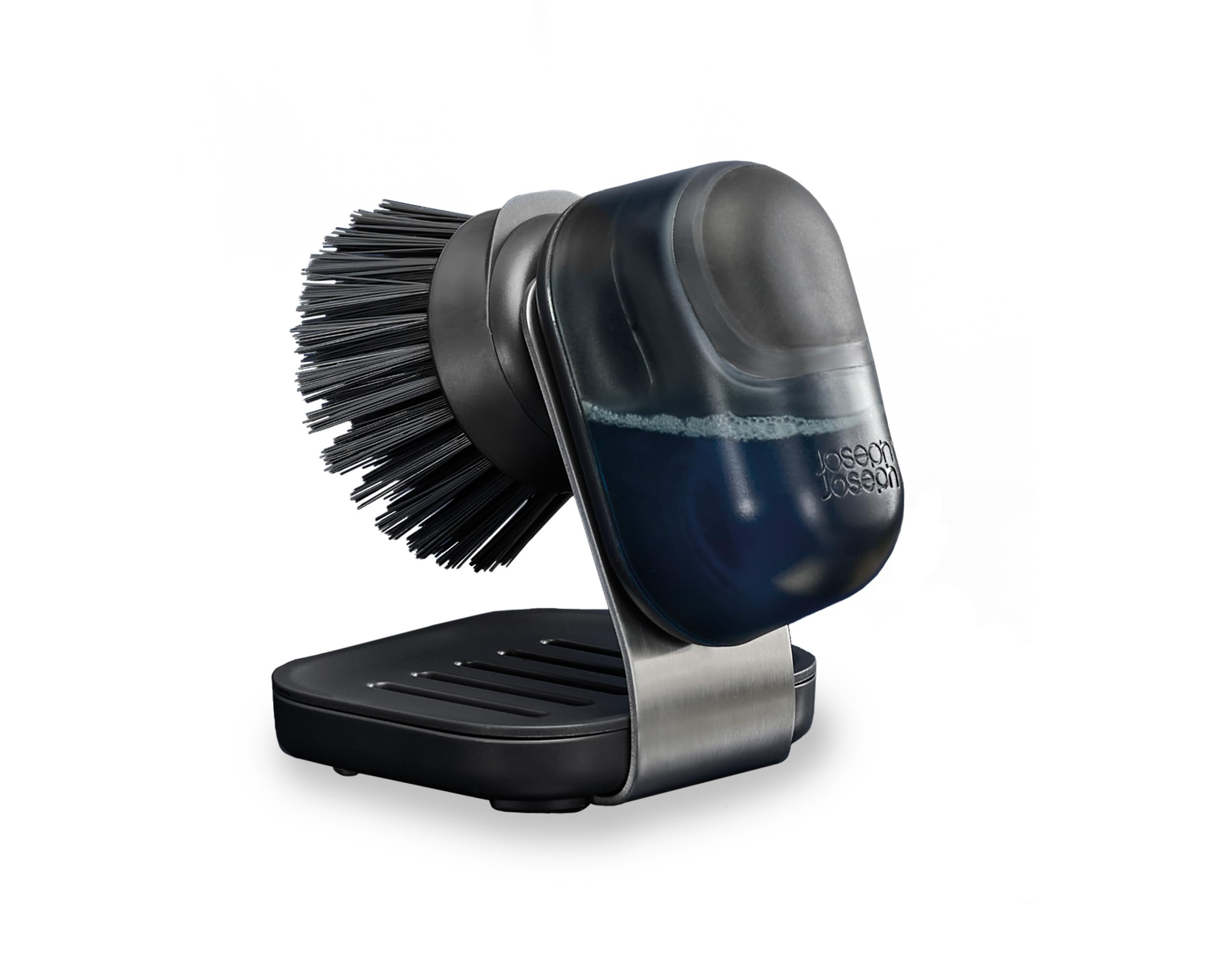Joseph Joseph SinkTech Soap-Dispensing Palm Brush with Stainless-Steel Stand | Refillable Handle | Stain-Resistant Bristles