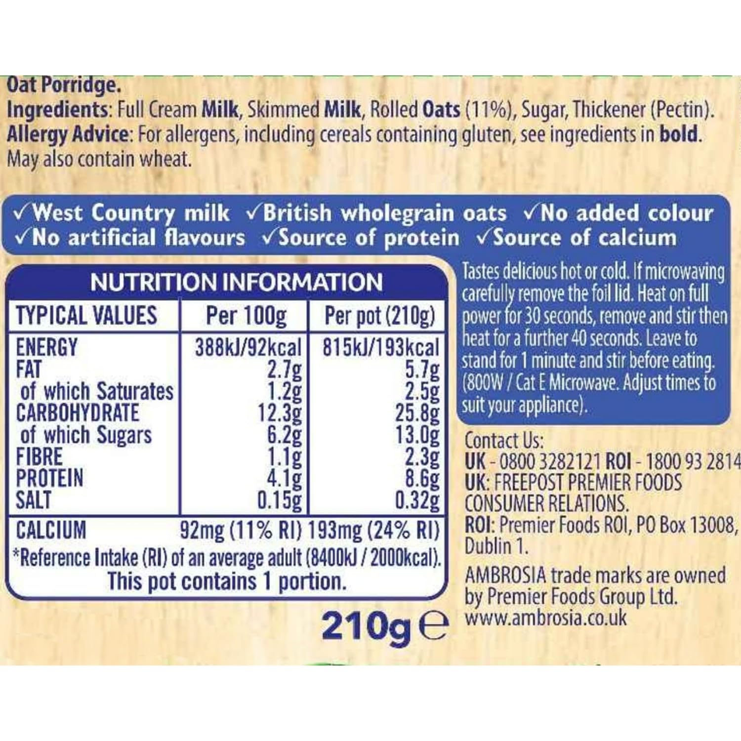 Ambrosia Original Ready to Eat Porridge Pots - British Wholegrain Oats | 210g Pots (6 Pack)