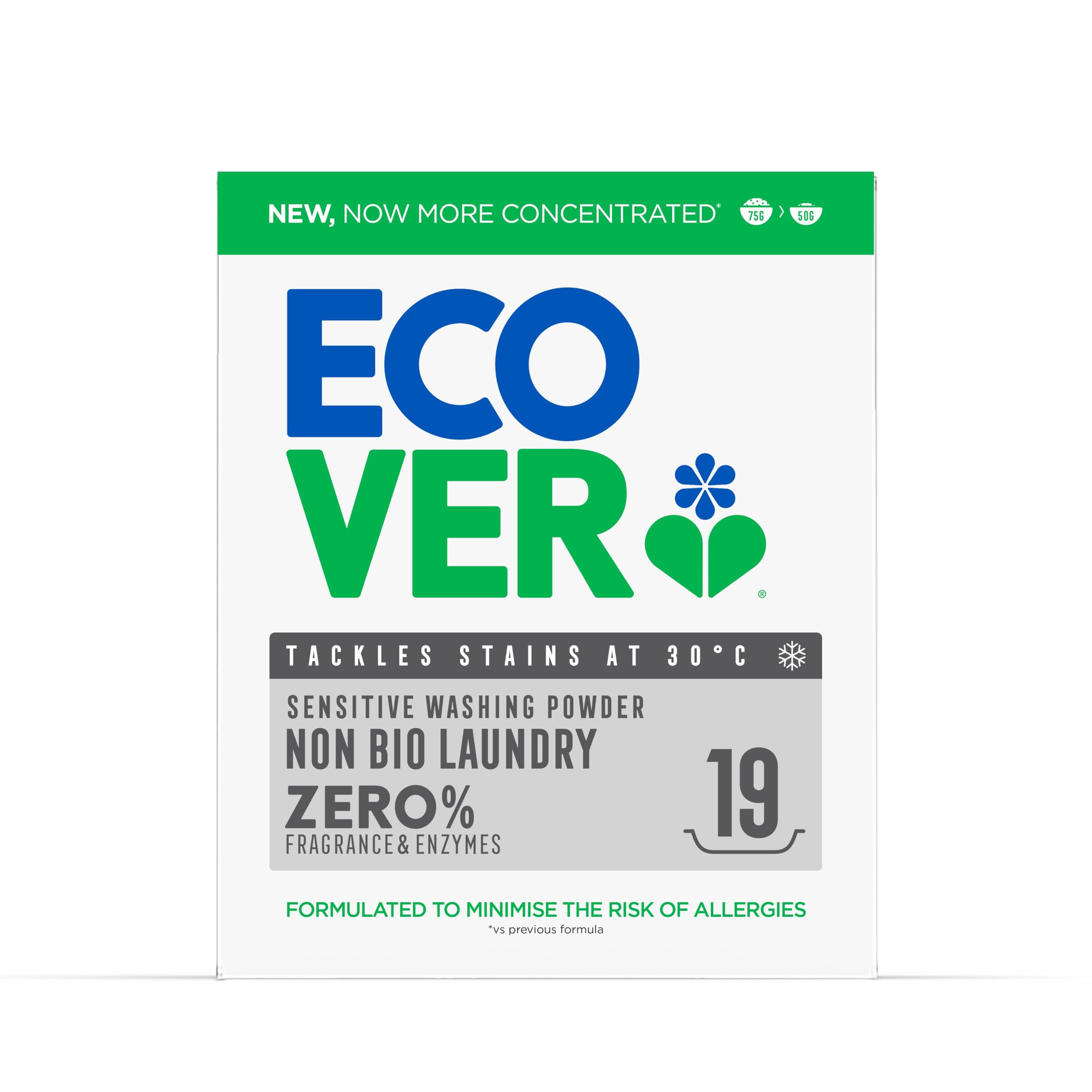 Ecover Zero Non-Bio Powder Detergent for Sensitive Skin, Unscented, 950 g