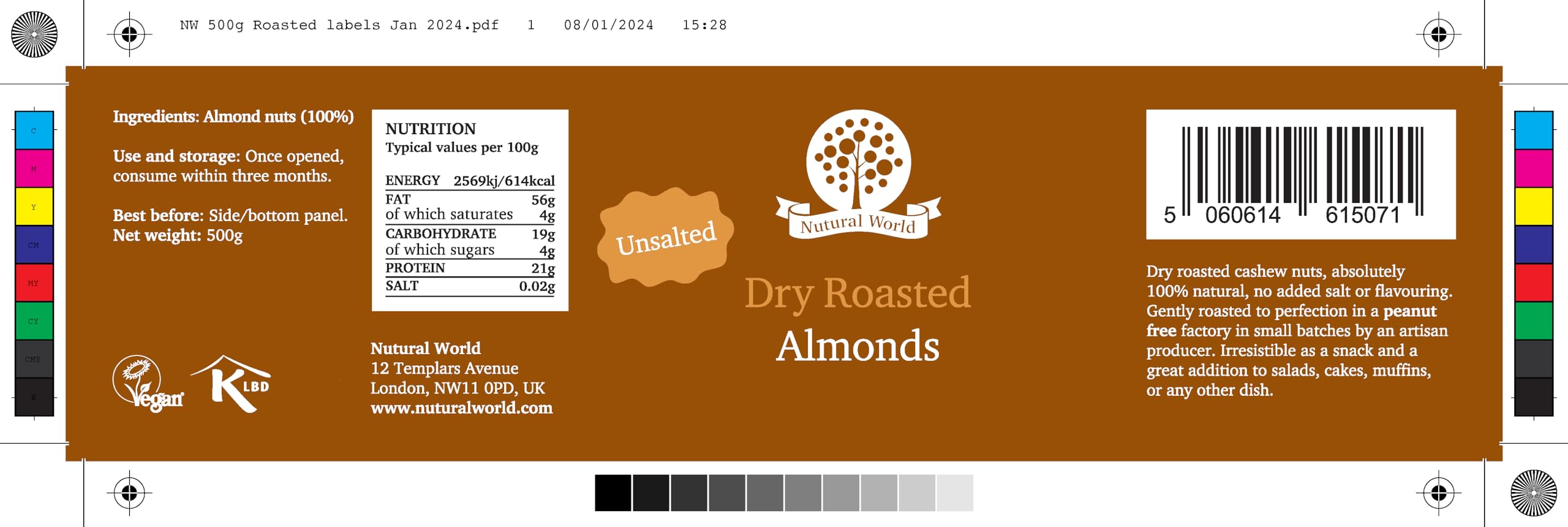 Nutural World Dry Roasted Whole Almonds - Unsalted | 500g Pack | Kosher Certified