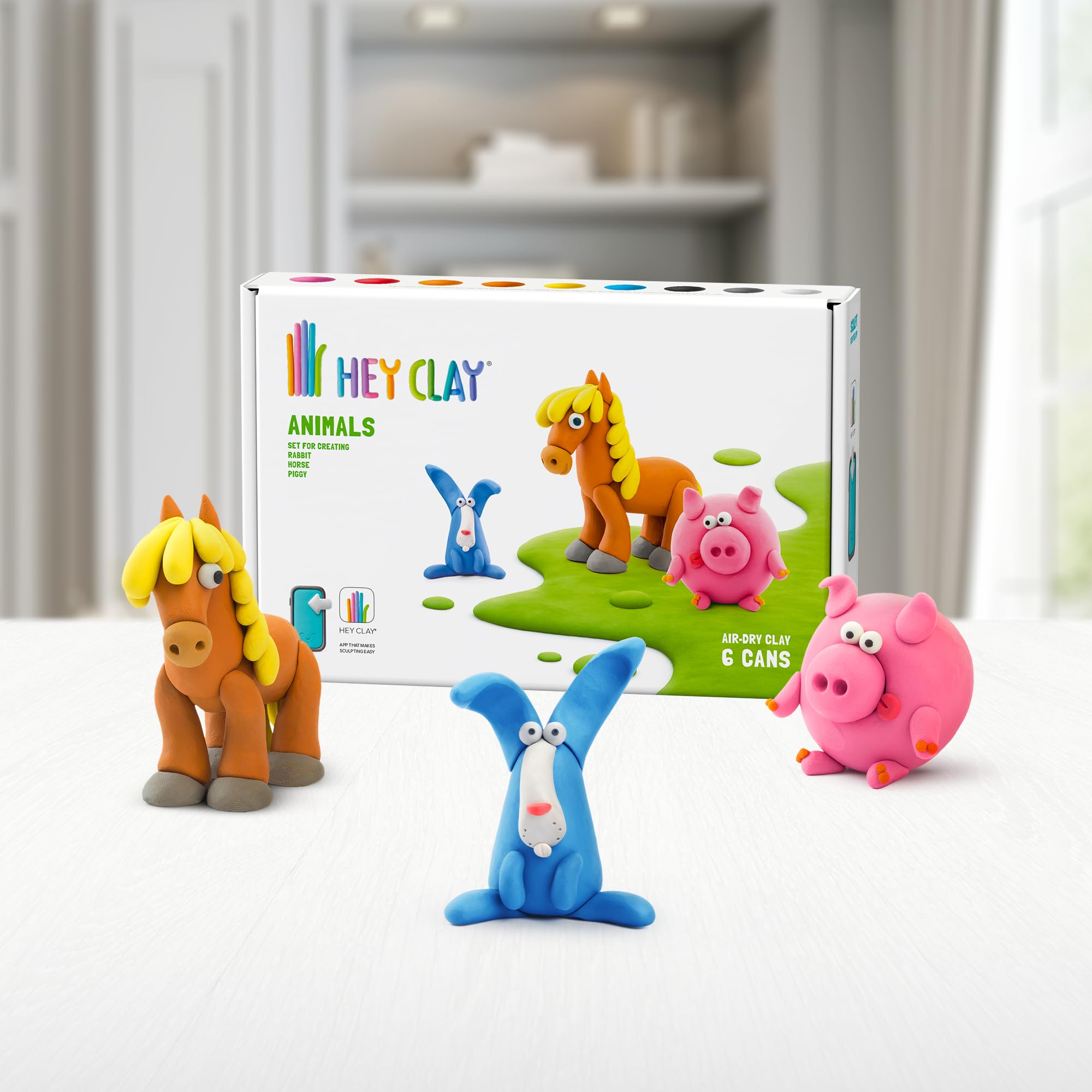 Hey Clay Animals: Piggy, Horse, Rabbit Set - Air Dry Modeling Clay Kit for Kids 3+ 3