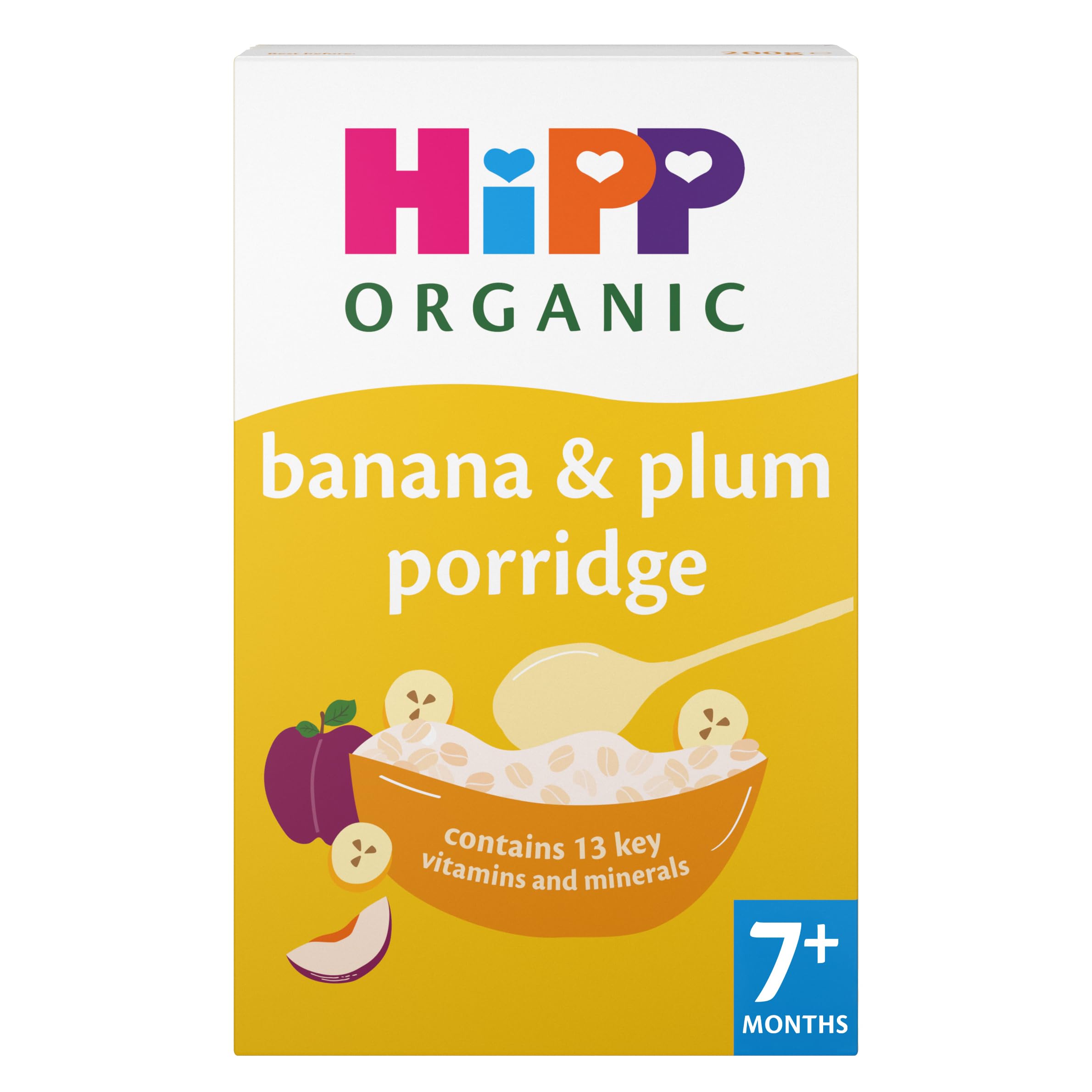 HiPP Organic Banana & Plum Porridge - 7+ Months, 200g (Pack of 4) | Rich in Iron & Calcium