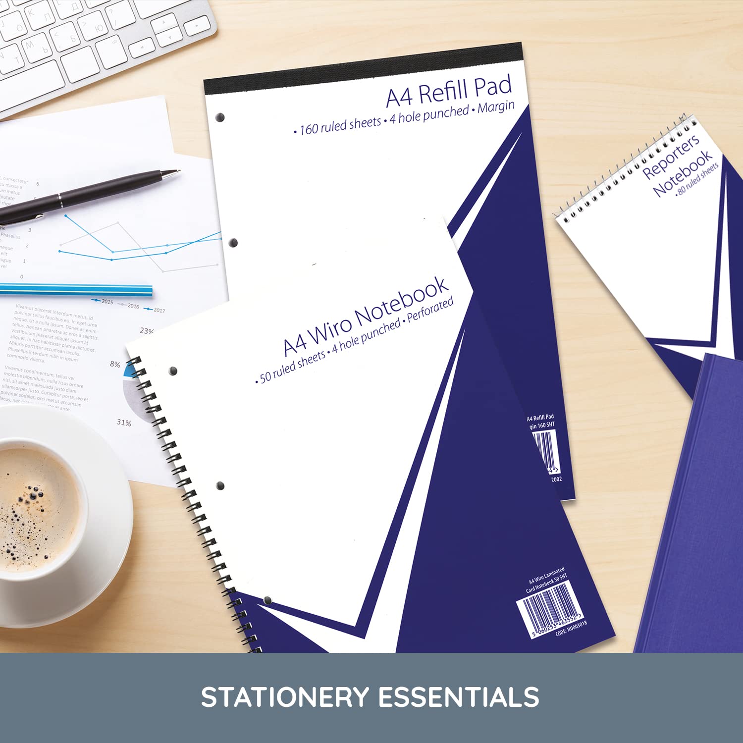 nu: Office Range - A4 Hardback Wirebound Notebook | 160 Pages | 60gsm Feint Ruled 4