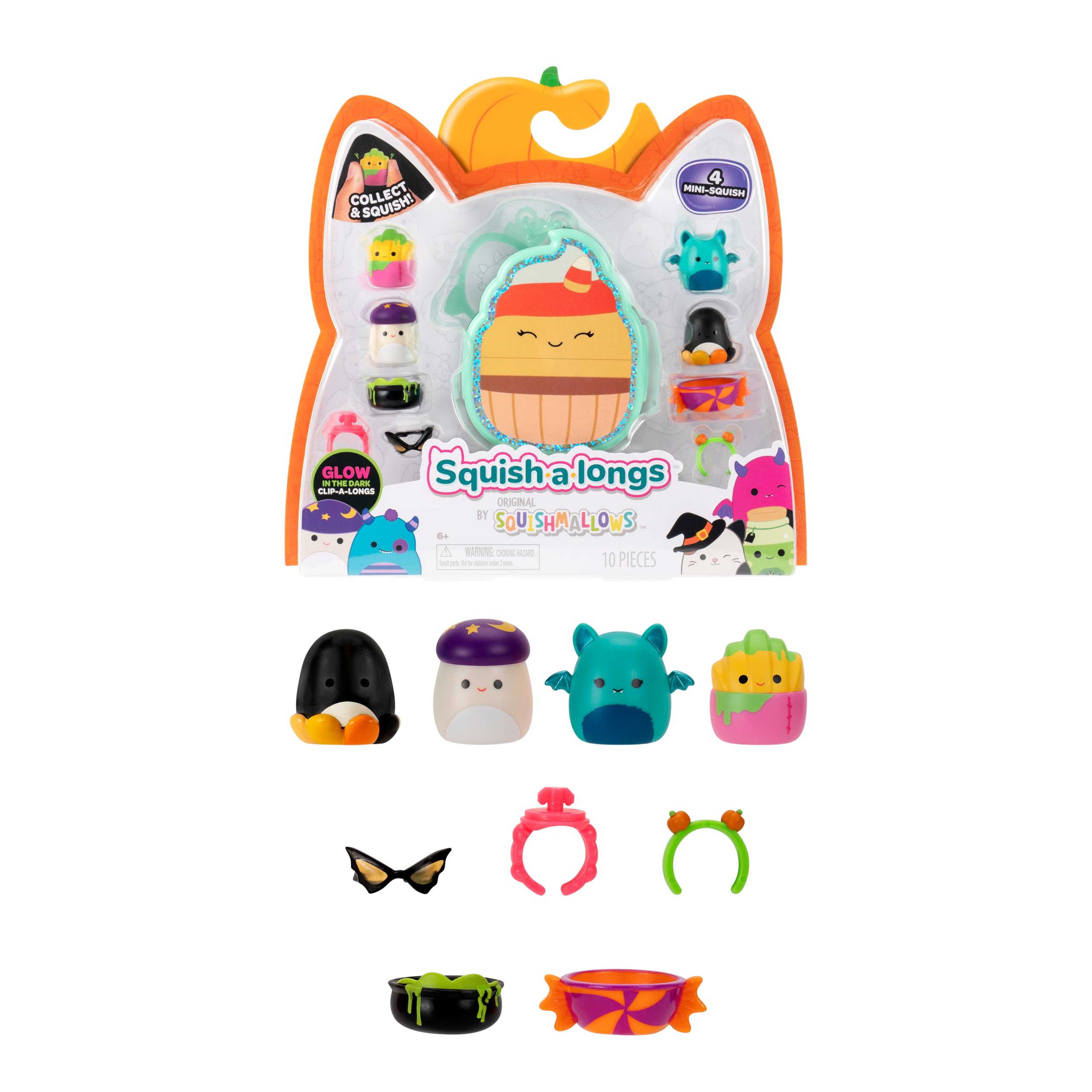 Squish-a-longs Pedma the Candy Corn Cupcake Clip-a-longs Halloween Pack – Glow-in-the-Dark Mini-Squish Carrying Case with 4 Mini Figures & Accessories
