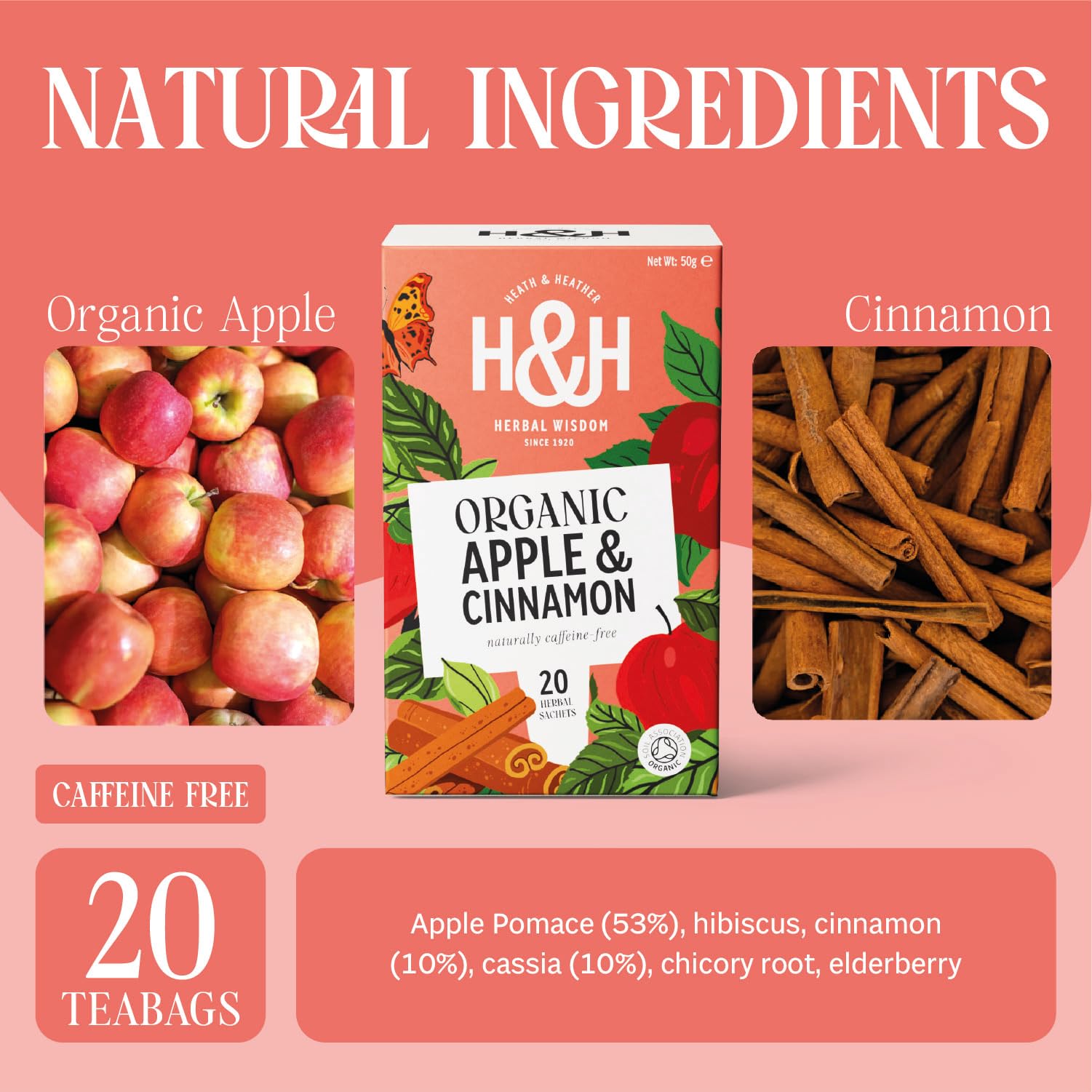 Heath & Heather Organic Apple & Cinnamon Herbal Tea - 20 Count Teabags | Supports Digestion & Relaxation