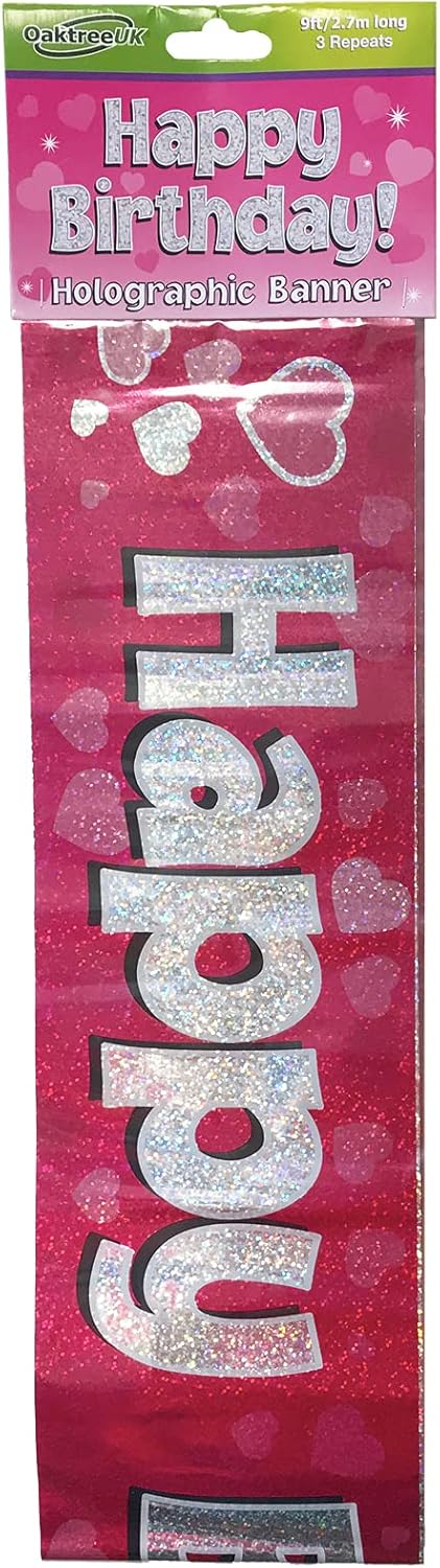 OakTree Happy Birthday Foil Holographic Banner - Pink, 9 ft (624320)