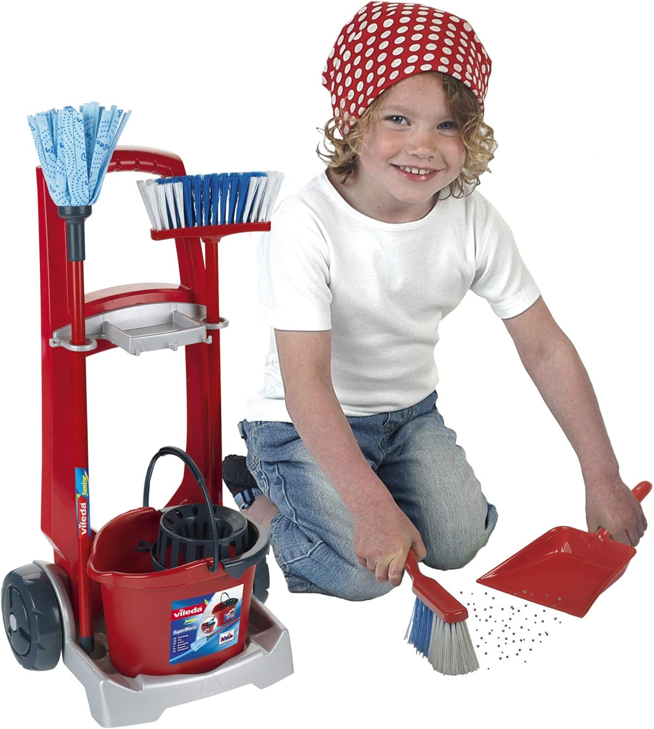 Theo Klein 6741 Vileda Broom Trolley Playset - Includes Mop, Bucket, Broom & Dustpan - Pretend Play for Ages 3+ 4