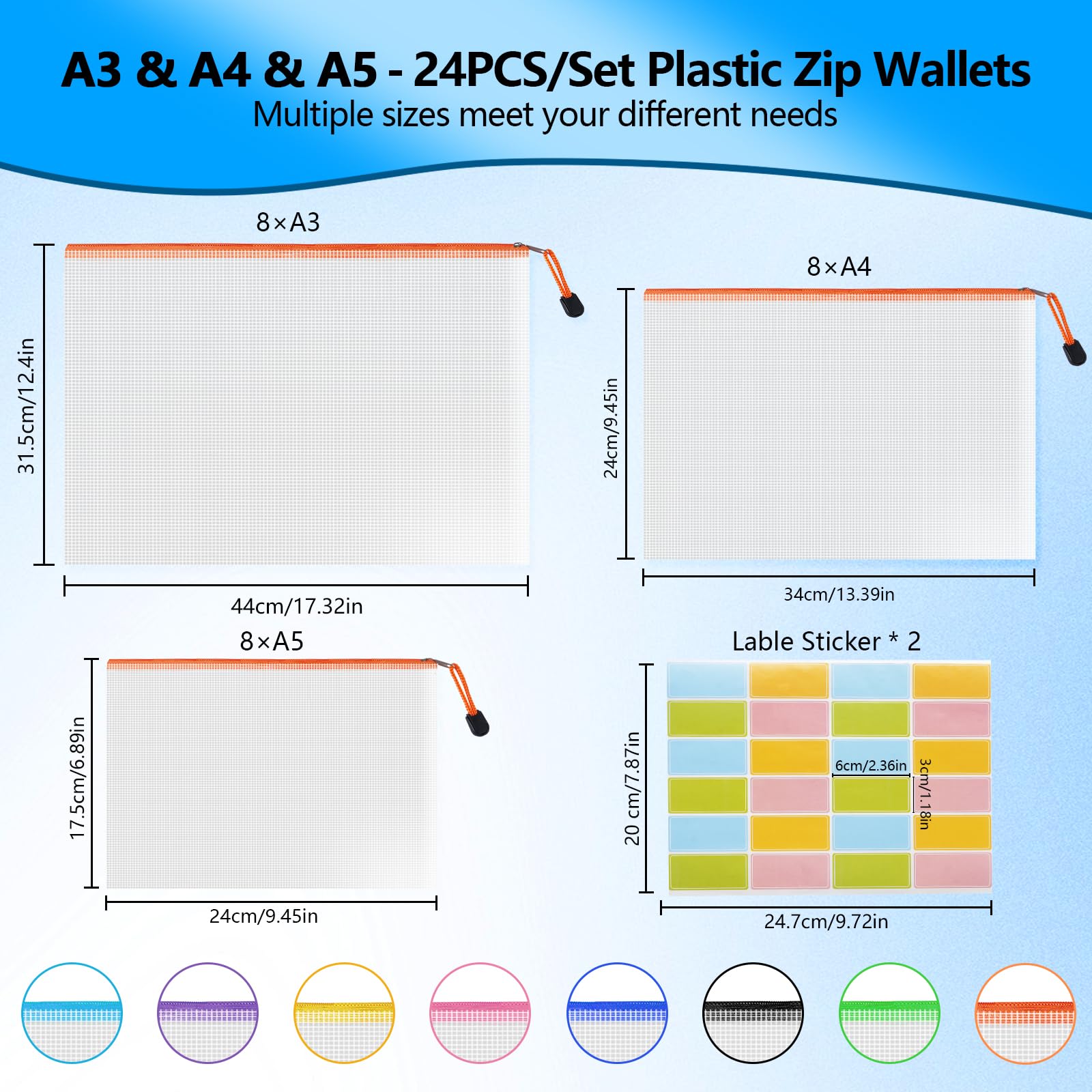 NORTHERN BROTHERS Zip Lock Plastic Wallets - 24PCS A3/A4/A5, Waterproof PVC File Folders