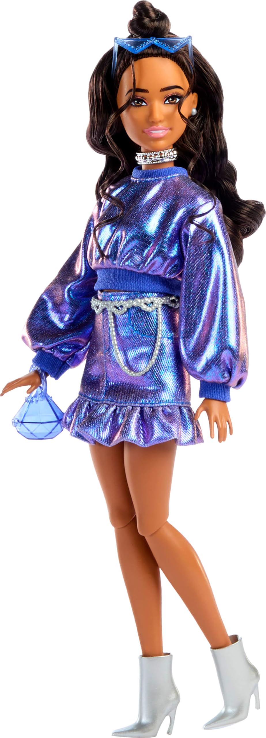 Barbie Deluxe Style Doll #7 Metallic Blue Top & Skirt with Wavy Brown Hair 1