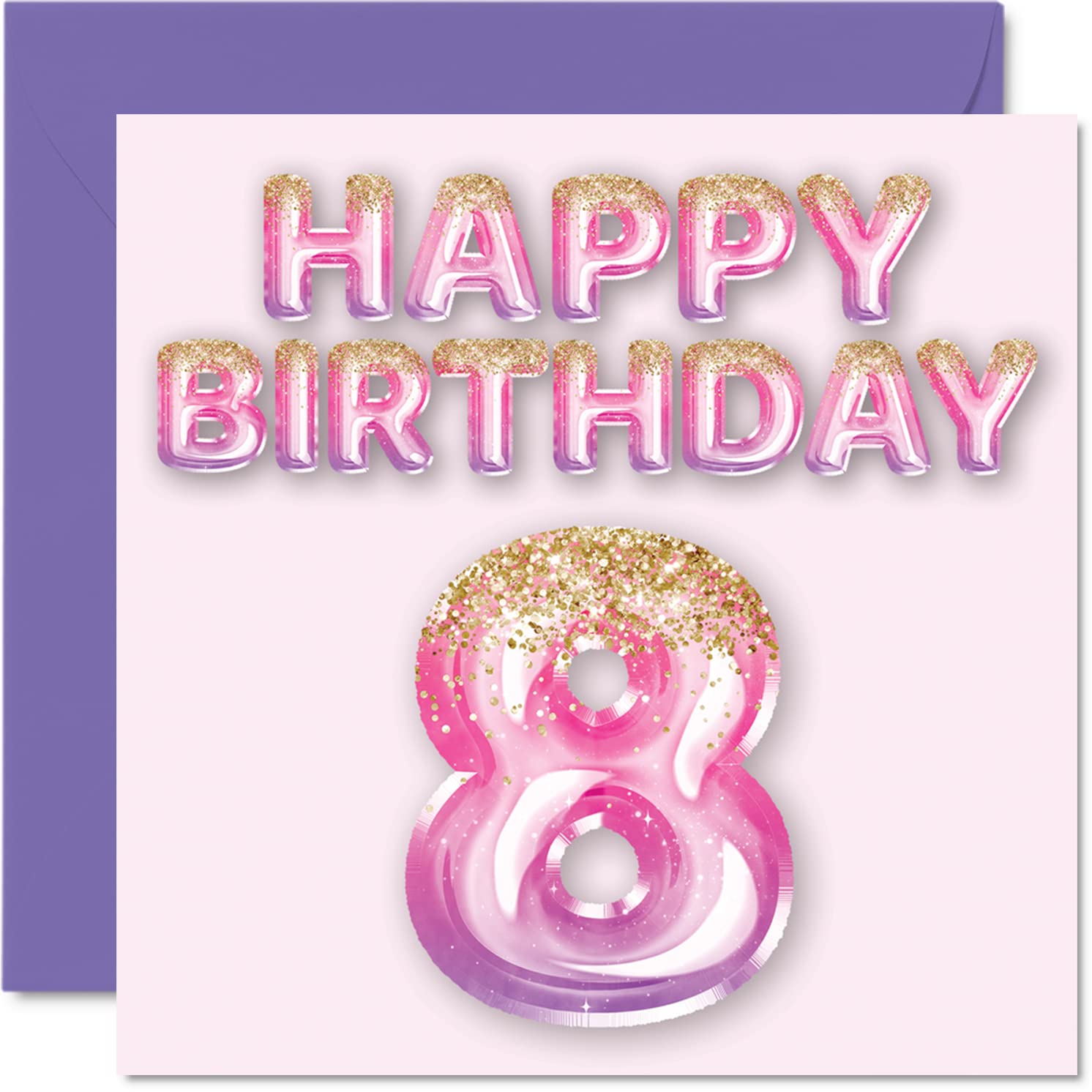 Stuff4 8th Birthday Card for Girls - Pink & Purple Glitter Balloons | 145mm Square | Blank Inside