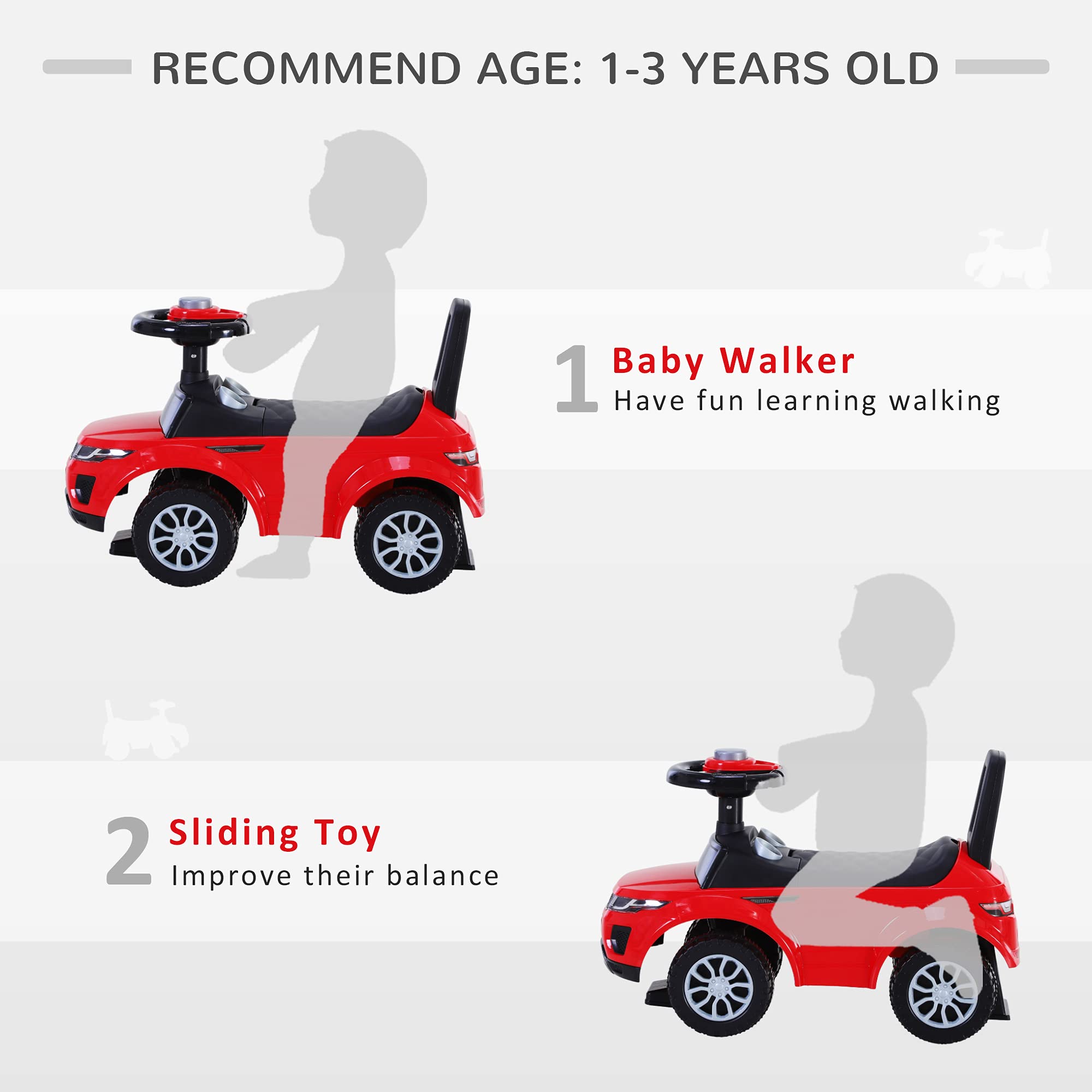 HOMCOM 3-in-1 Ride On Car Foot To Floor Slider Toddler Red | Ages 12-36 Months | Max 25kg 6