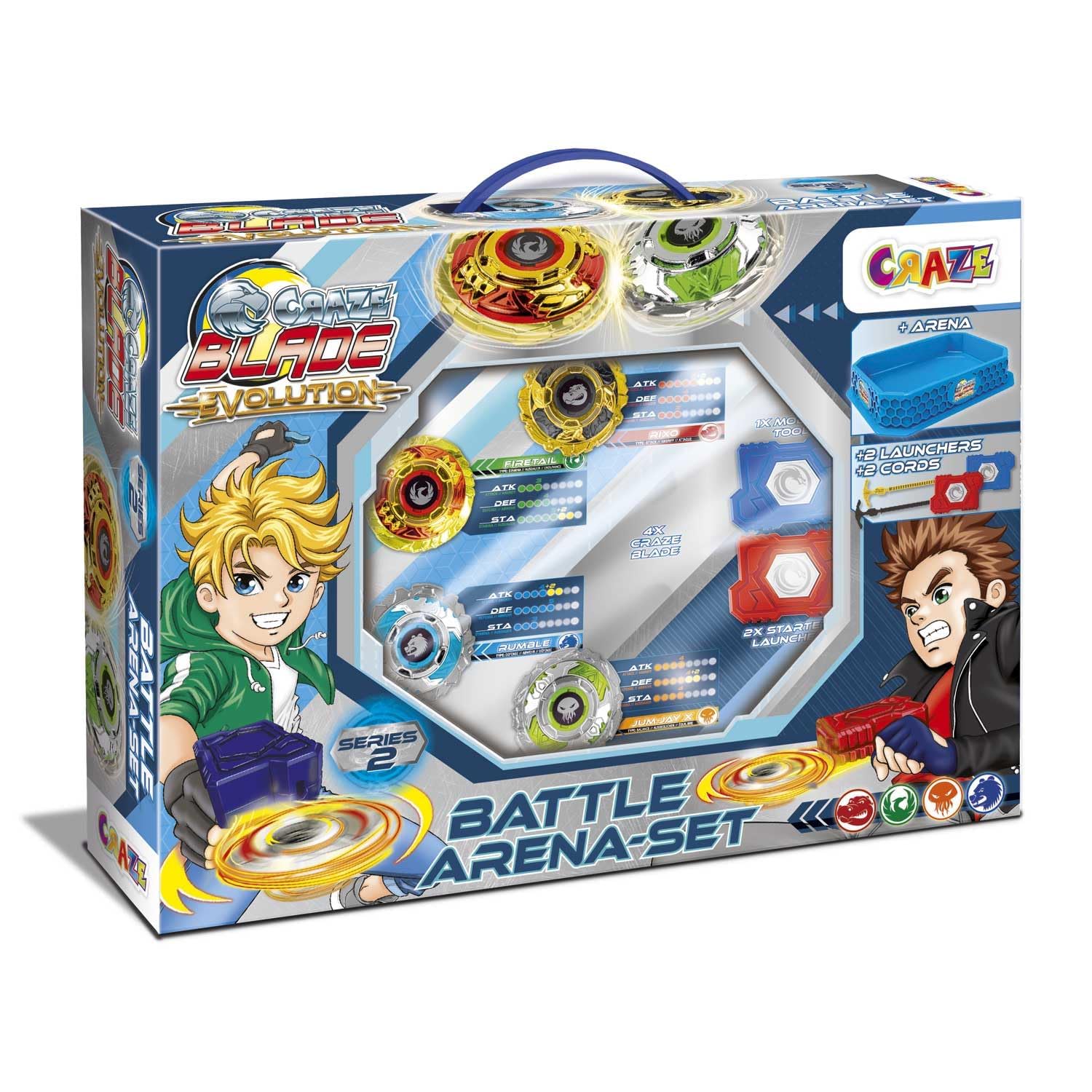 CRAZE BLADE XXL Battle Set - 4 Metal Spinning Tops with Launchers & Arena 2