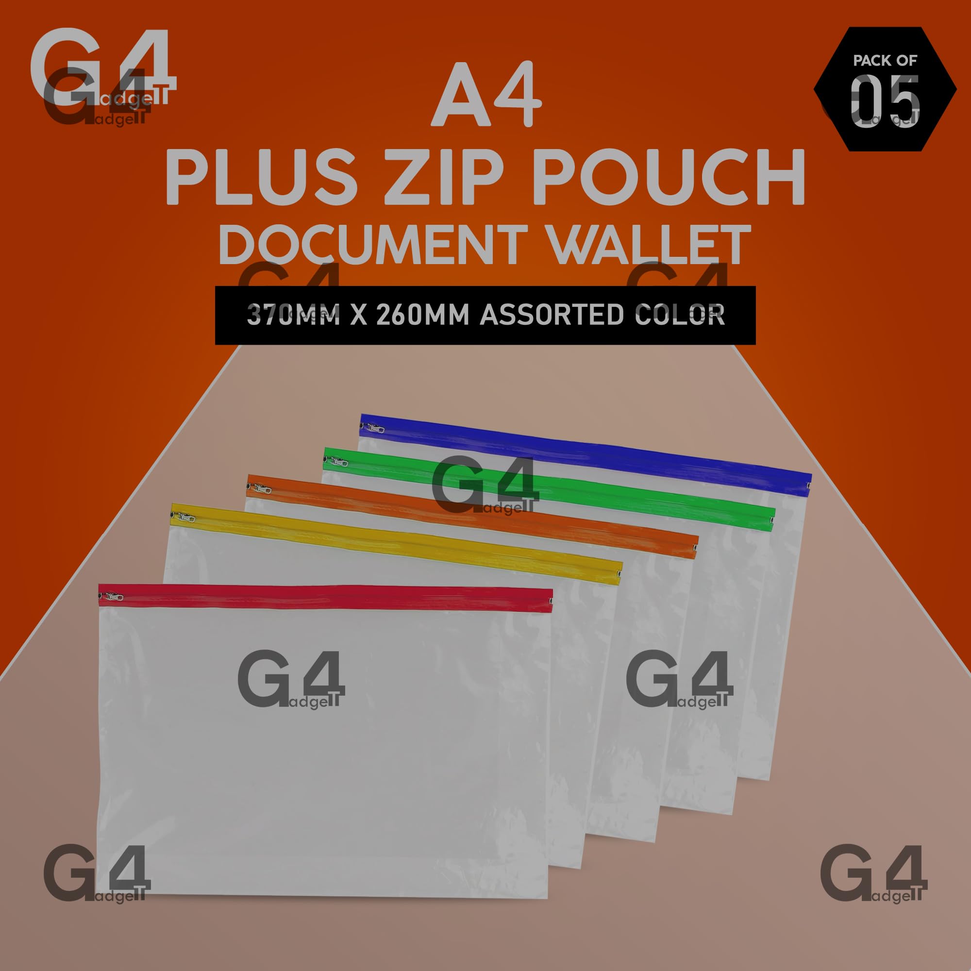 G4GADGET A4 Plus Zipper Pouch Document Bags - Pack of 5 | 370mm x 260mm | Assorted Colors