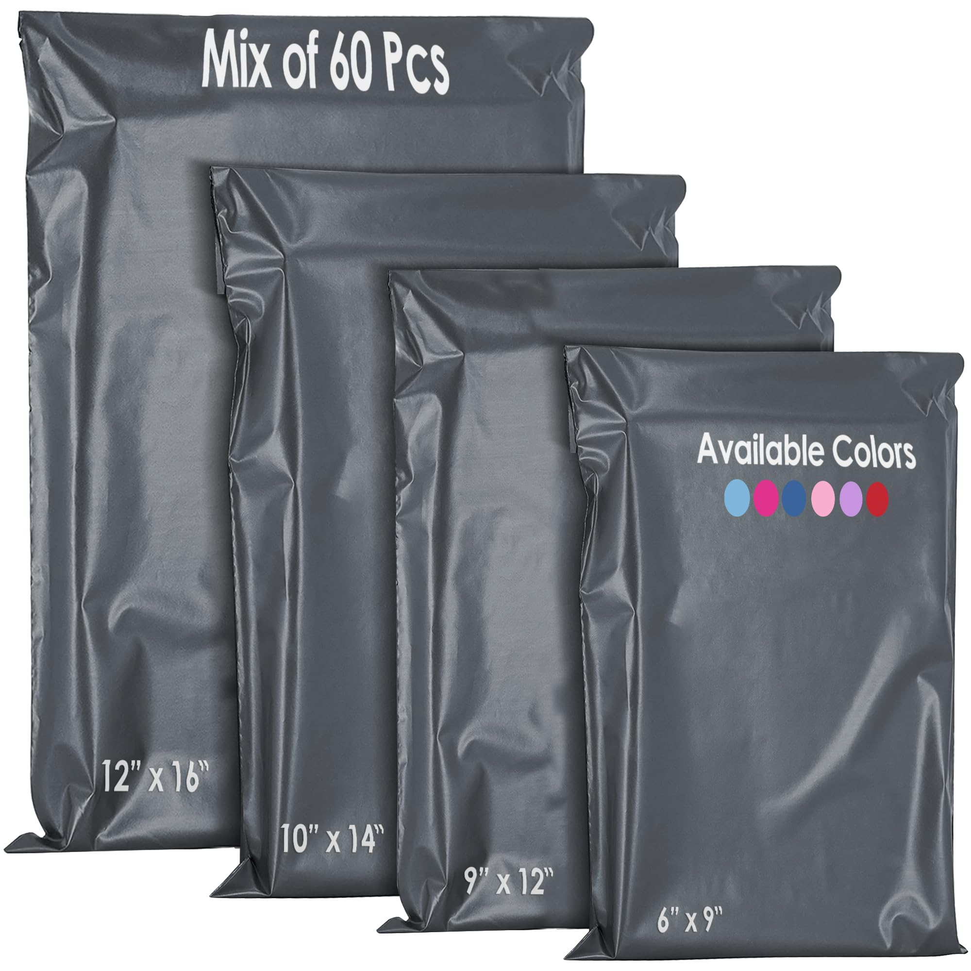 YUNJU 60 Mixed Size Grey Plastic Mail Bags - Self-Seal, Opaque, Waterproof