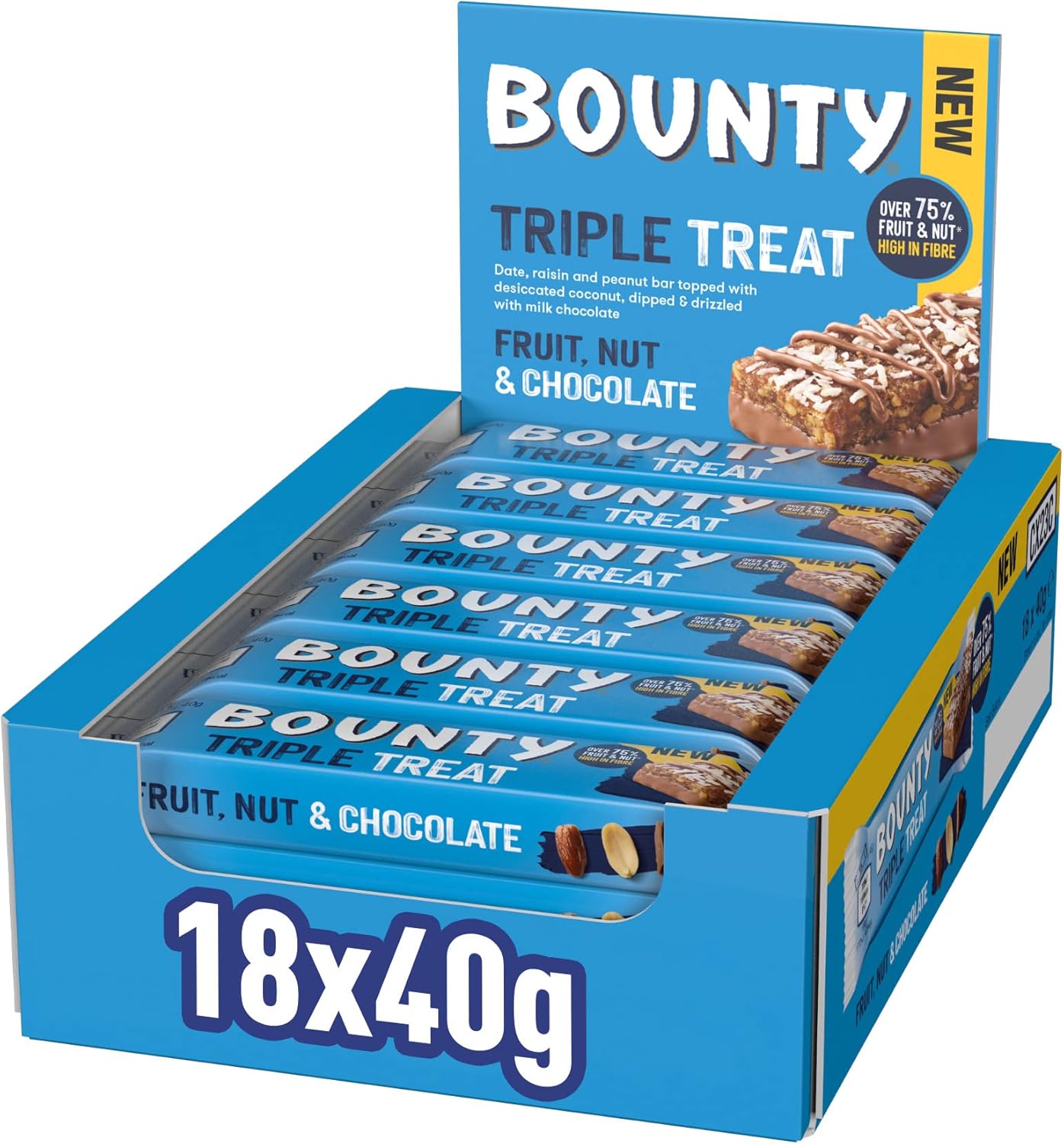Bounty Triple Treat Fruit & Nut Chocolate Bars, Milk Chocolate Snacks with Dates, Raisins & Peanuts, 18-Pack 1