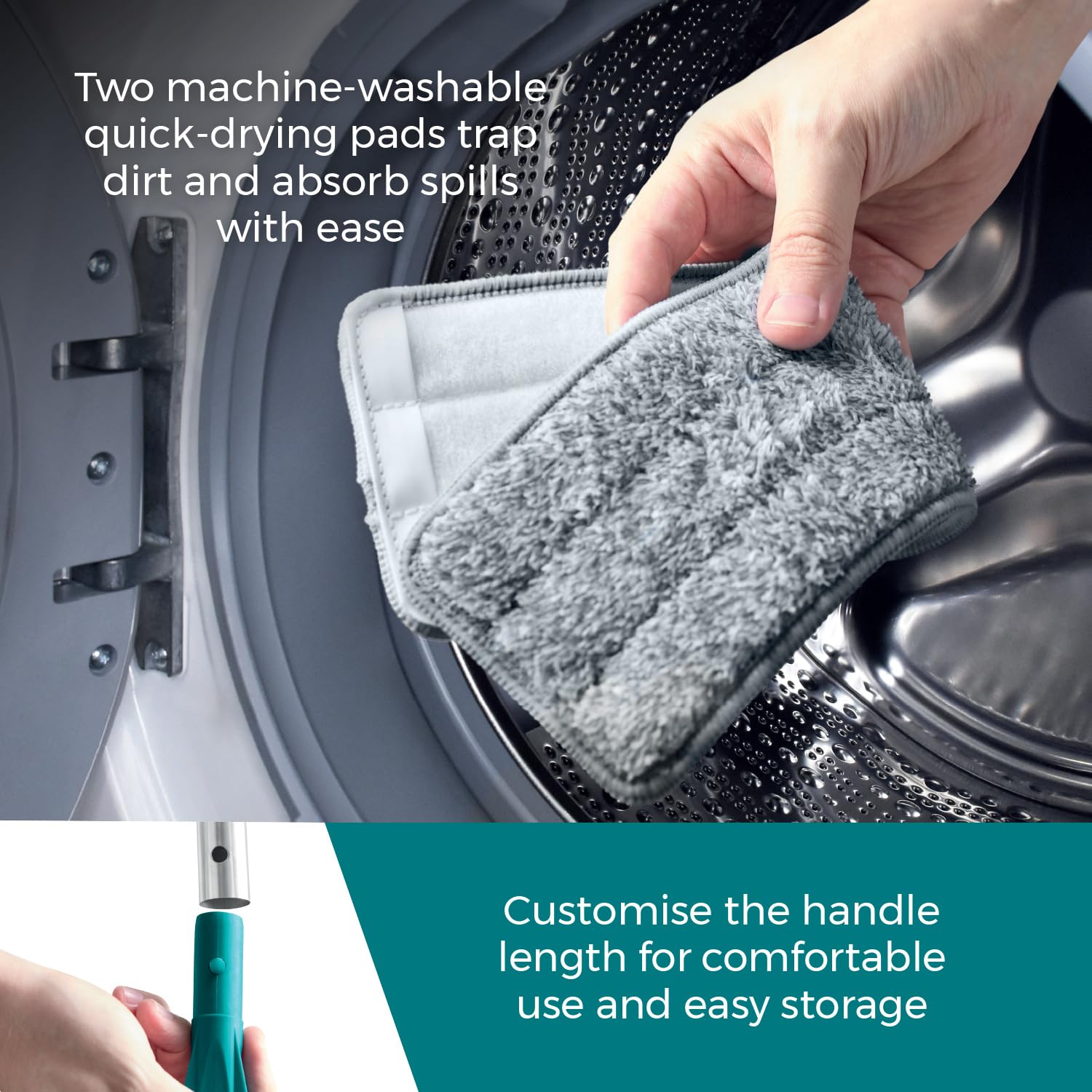 Tower Flat Mop and Bucket Set - 2 Washable Microfibre Mop Heads, 1.8L Clean Tank, Teal 5