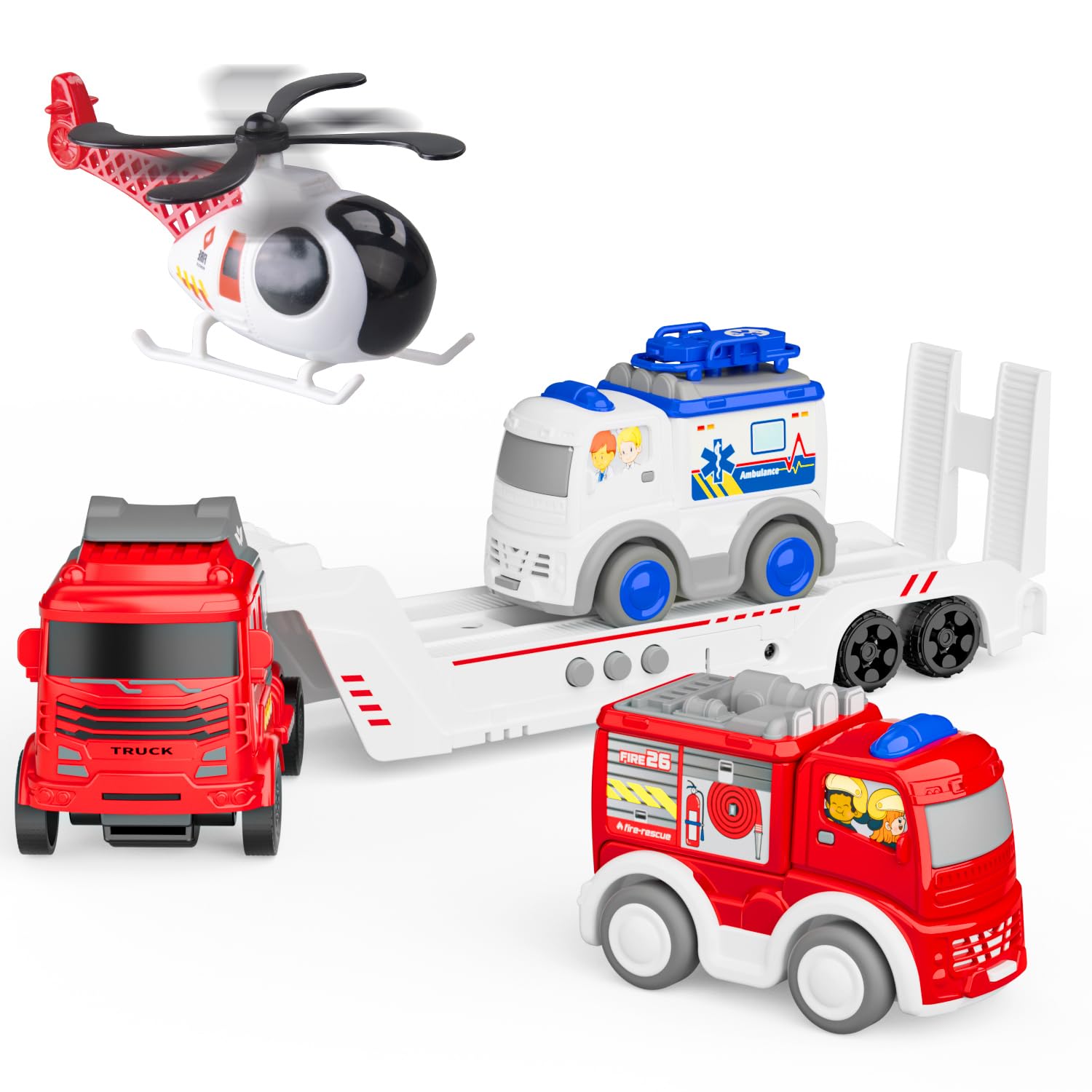 GizmoVine Fire Truck Playset - Vehicle Transporter Toy with Ambulance & Helicopter for Kids 3+