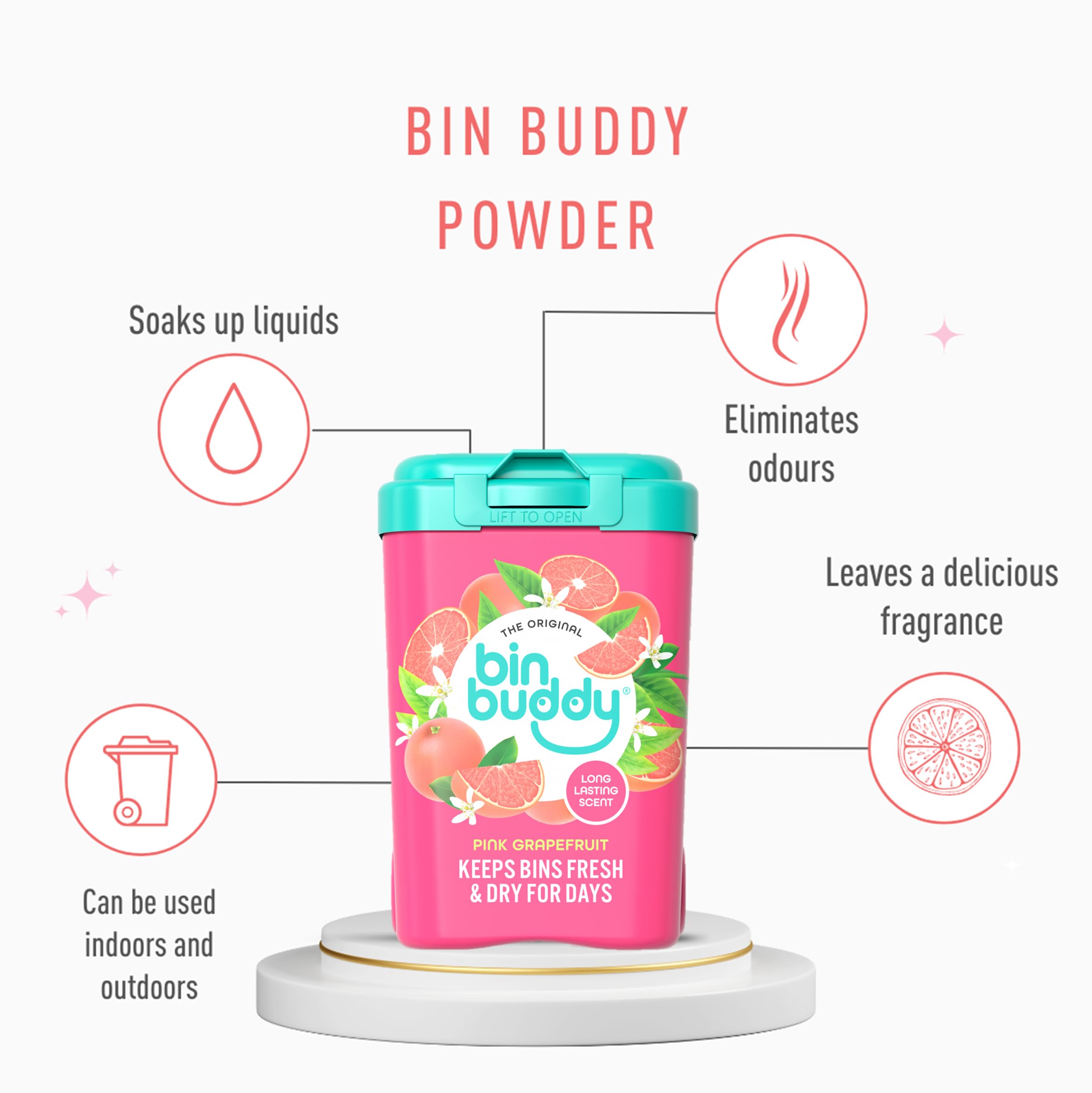 Bin Buddy Pink Grapefruit Deodoriser Powder - Pack of 2 | Absorbs Mess | 42 Applications 6