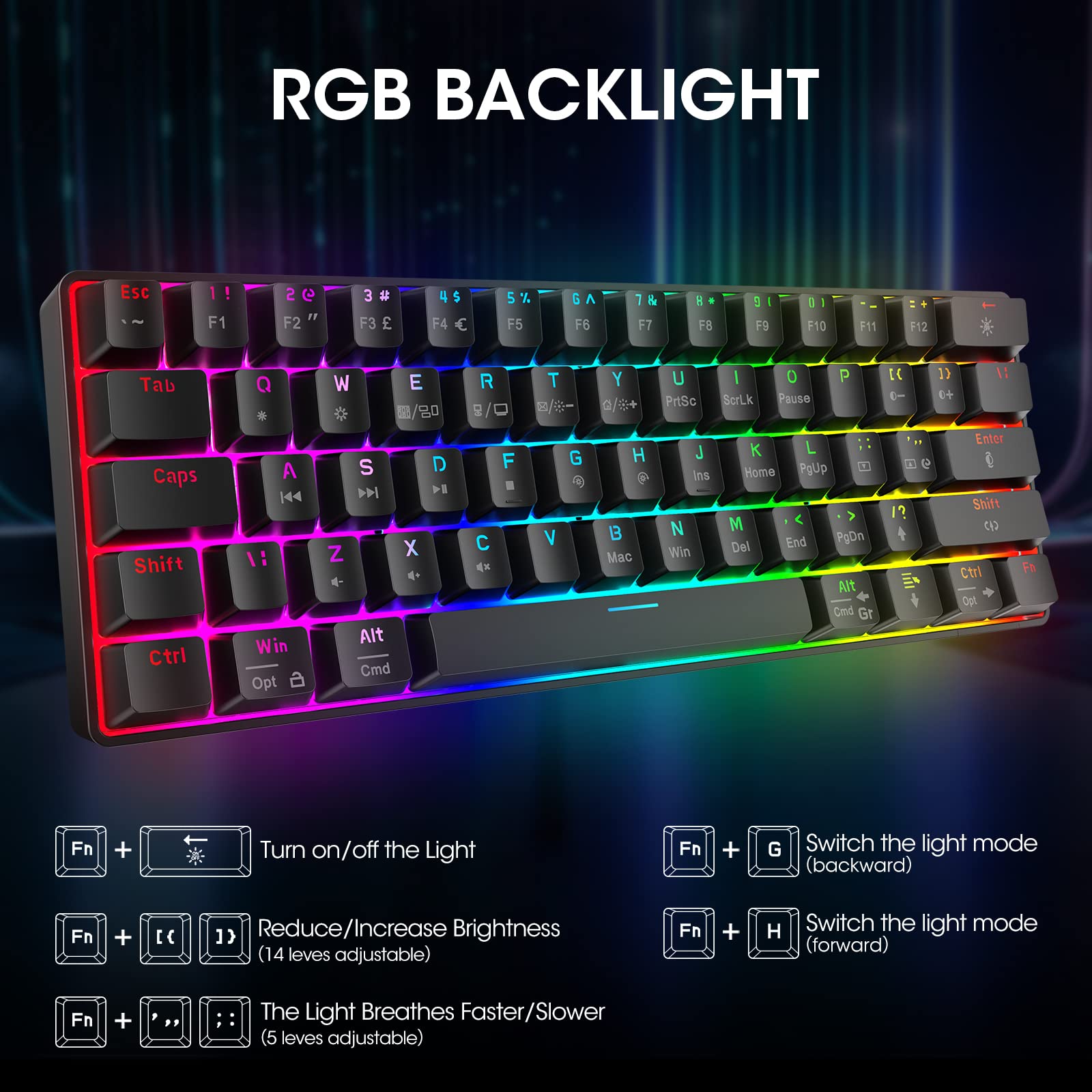 KOORUI MK061 60% Mechanical Gaming Keyboard - Red Switch, RGB Backlit, Hot-Swappable, Wired Compact Keyboard for PC & Mac 3
