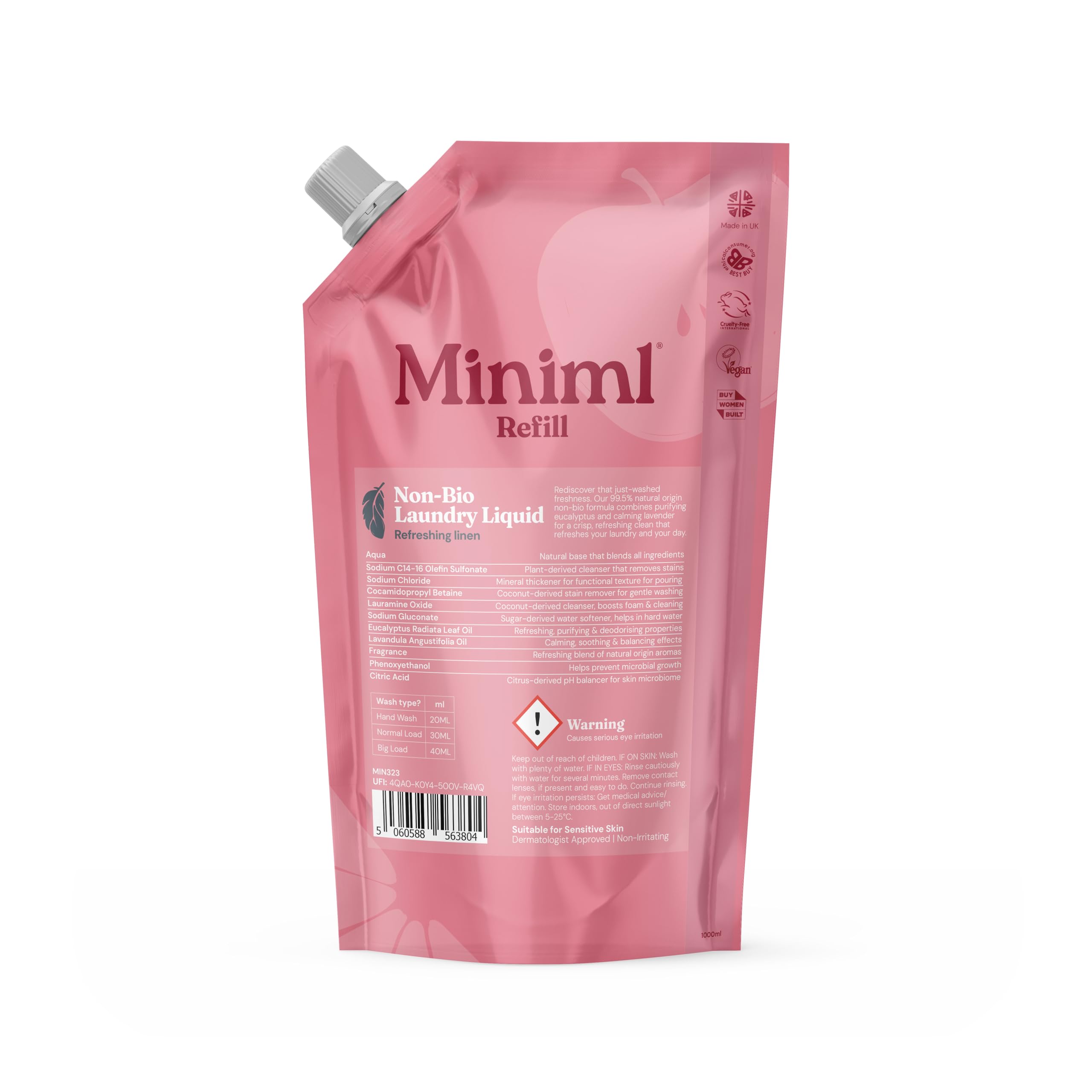 Miniml Eco Laundry Liquid Detergent - Natural Non Bio, Fresh Linen Scent | 1L Refill