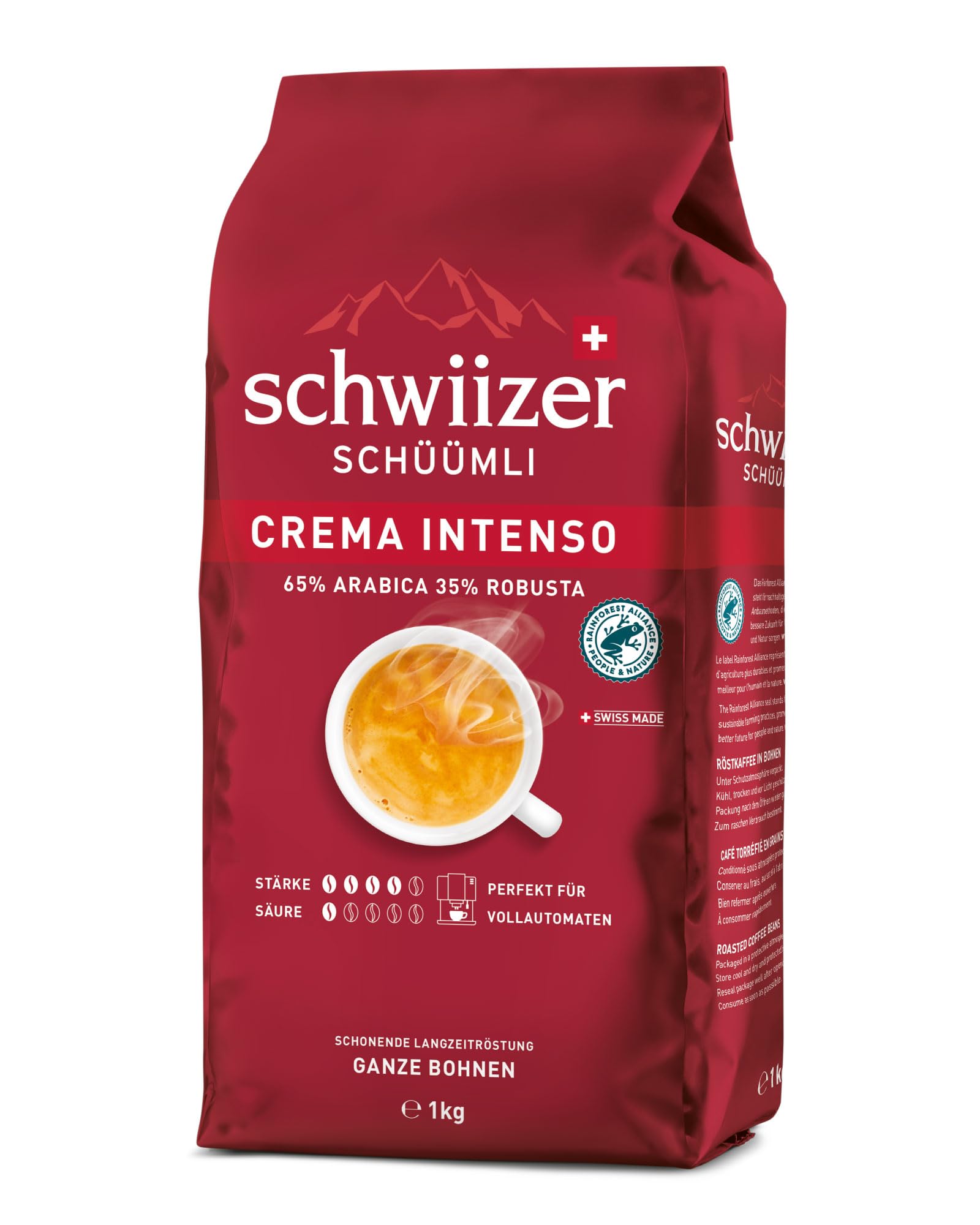 Schwiizer Schüümli Espresso, 65% Arabica & 35% Robusta Coffee Beans, Intensity 4/5, Medium Roast, Rainforest Alliance Certified, 1kg 1
