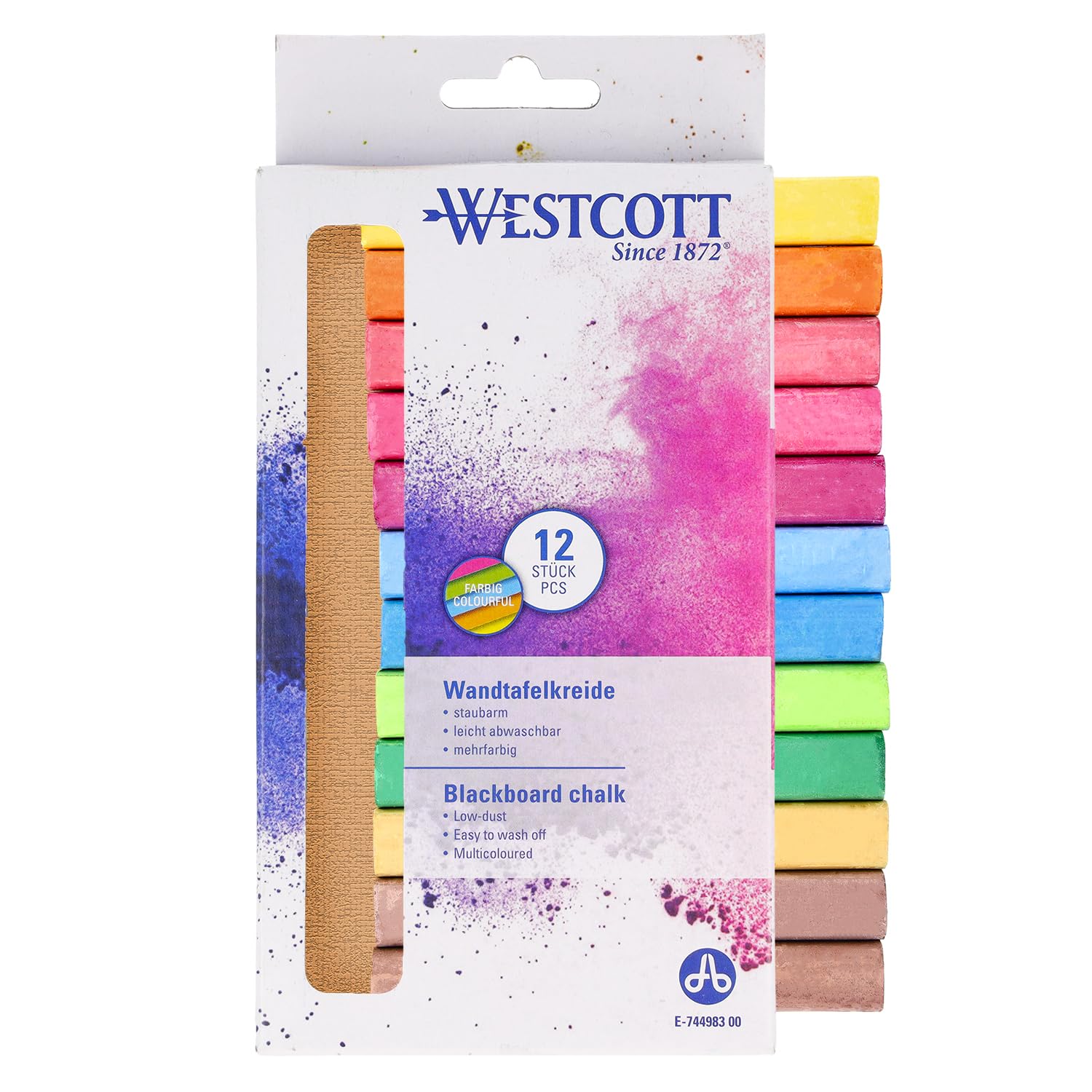 Westcott Colourful Chalk Pack of 12 | 1.2 cm Diameter | Low Dust | Washable
