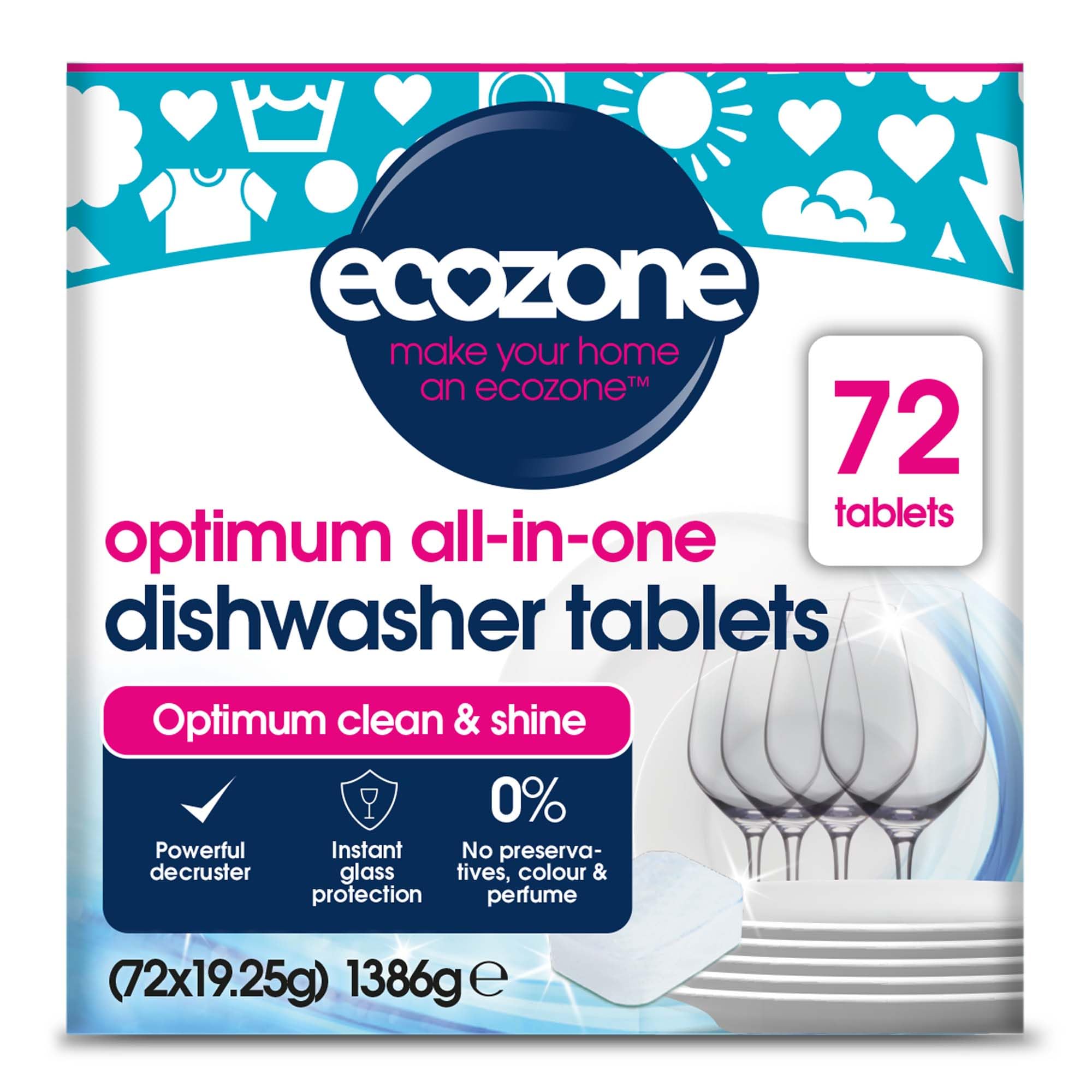Ecozone Optimum All In One Dishwasher Tablets Bulk Buy x 72 - Unscented, Plant-Based Formula
