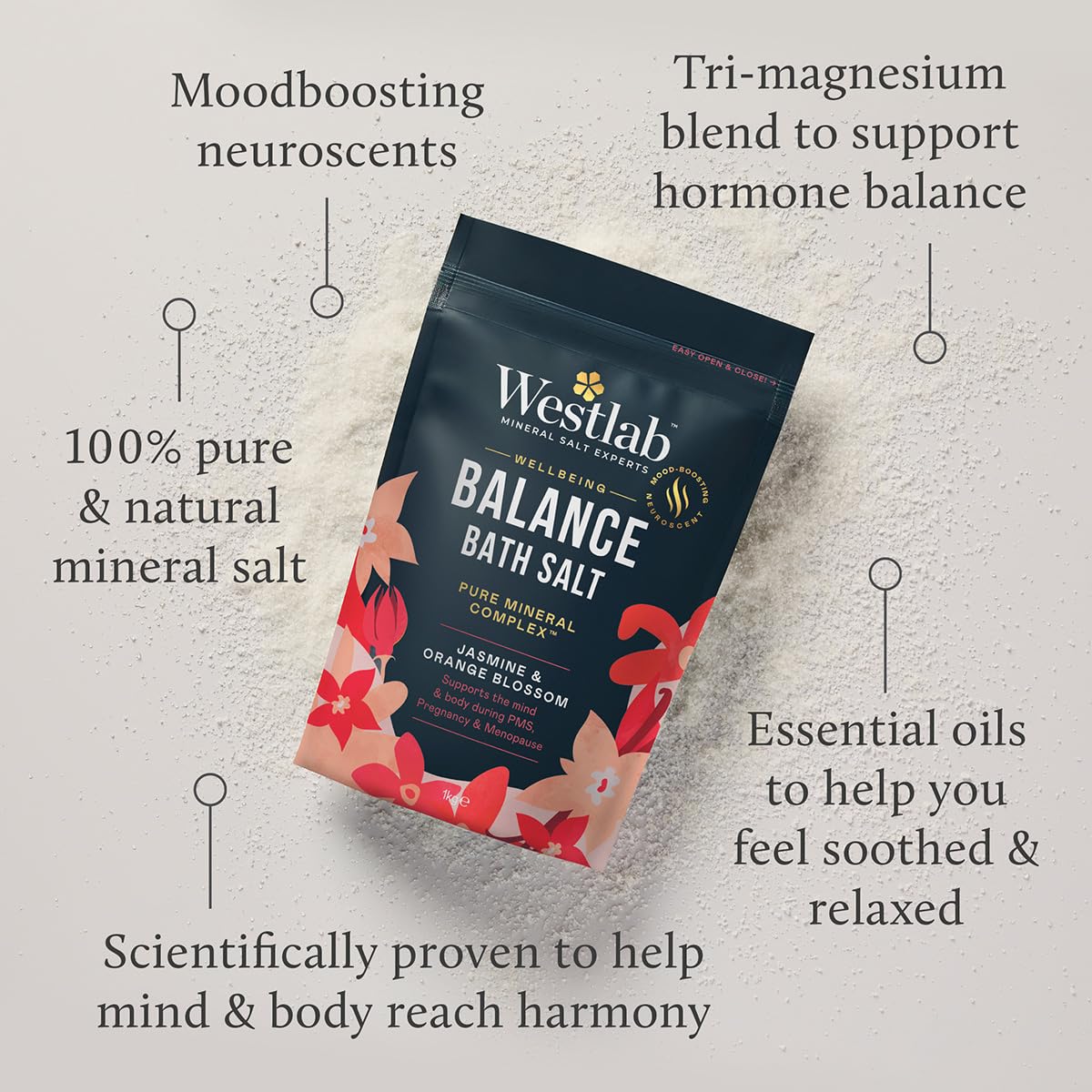 Westlab Wellbeing Balance Bath Salts - Jasmine & Orange Blossom Scent | 1kg | Pack of 1