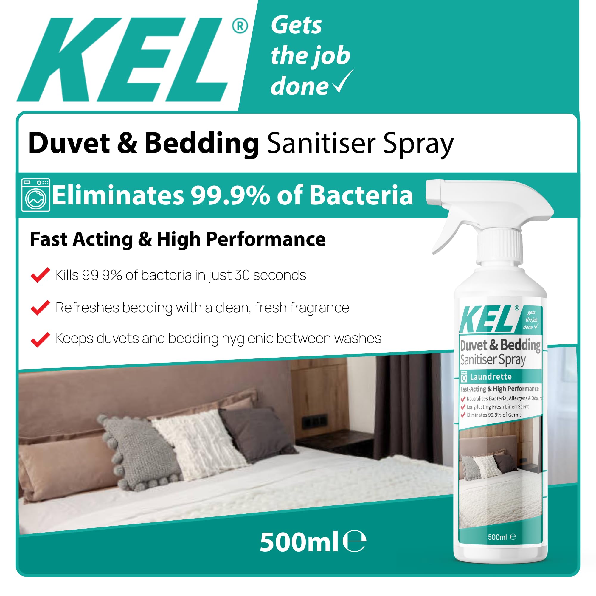 KEL Fast-Acting Duvet & Bedding Sanitiser Spray - Eliminates 99.9% of Germs | 500ml | Linen Scent