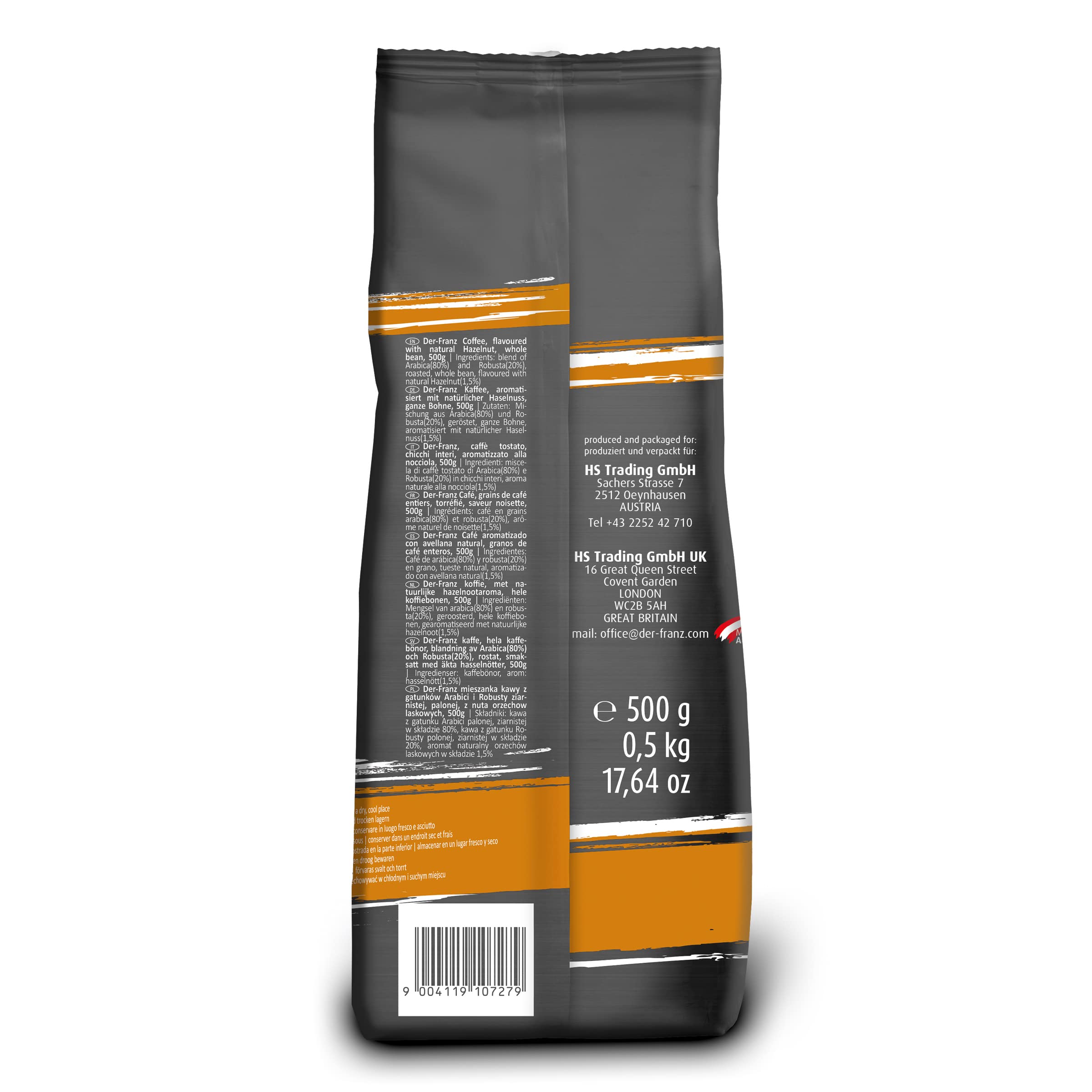 Der-Franz Hazelnut Flavoured Ground Coffee - 80% Arabica/20% Robusta Blend | 3/5 Intensity | 2 x 500g Pack