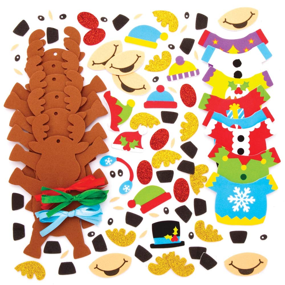 Baker Ross Reindeer Christmas Sweater Ornament Kits - Pack of 6, Glue-Free DIY Craft for Kids 3