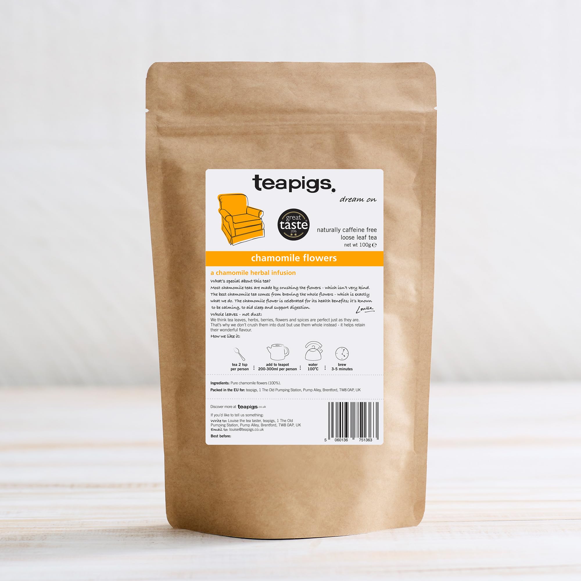 teapigs Chamomile Loose Leaf Herbal Tea - Caffeine-Free for Sleep & Digestion | 100g Pack