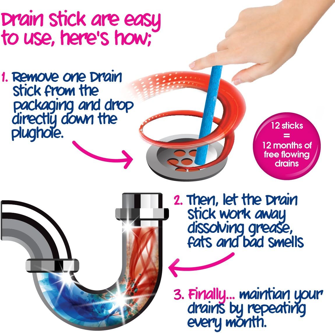 Ecozone Enzymatic Drain Sticks - Pack of 12 for Natural Drain Maintenance 3