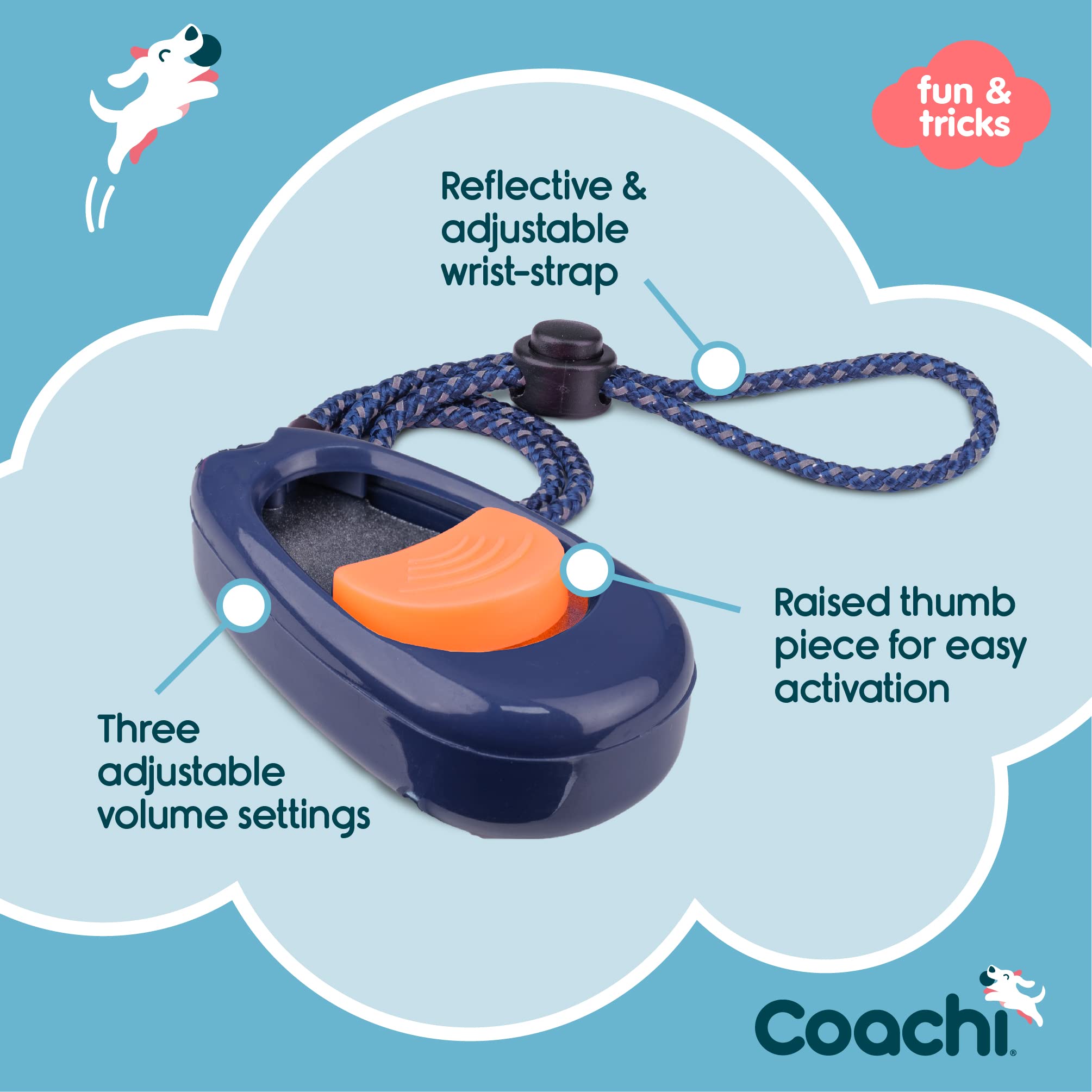 Coachi Multi-Clicker Dog Training Aid - 3 Volume Settings | Adjustable Wrist Strap | Navy/Coral 3