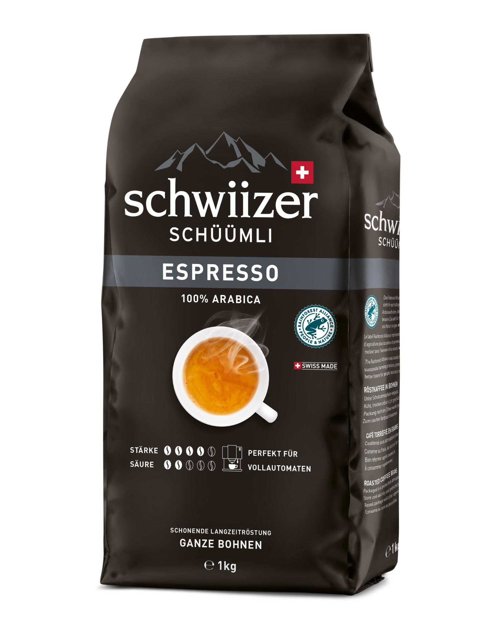 Schwiizer Schüümli Crema Intenso 100% Arabica Coffee Beans, Medium Roast, Intensity 4/5, Rainforest Alliance Certified, 1kg 1
