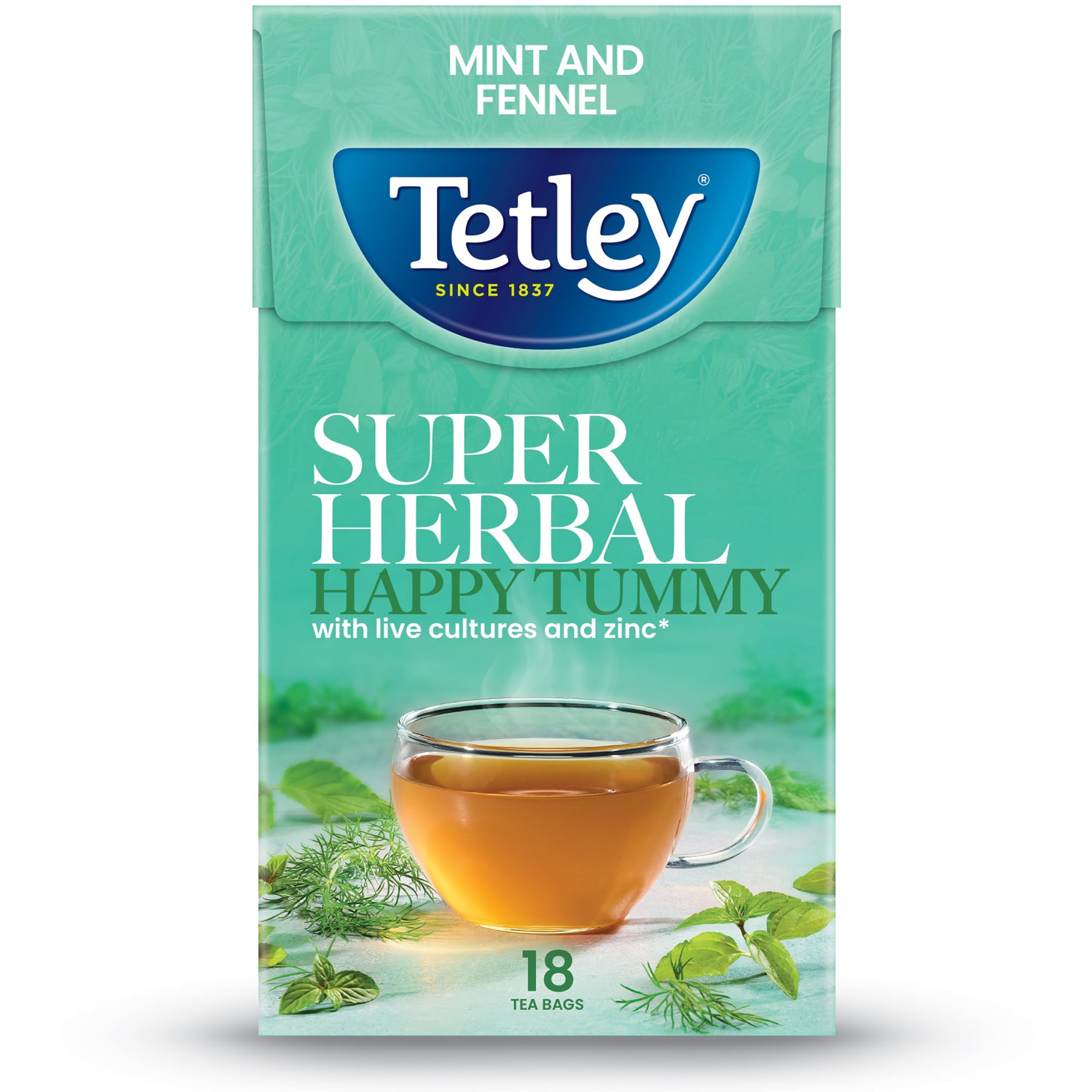 Tetley Super Herbal Happy Tummy Mint and Fennel Tea Bags for Digestion Support | 18 Count, 32.4g