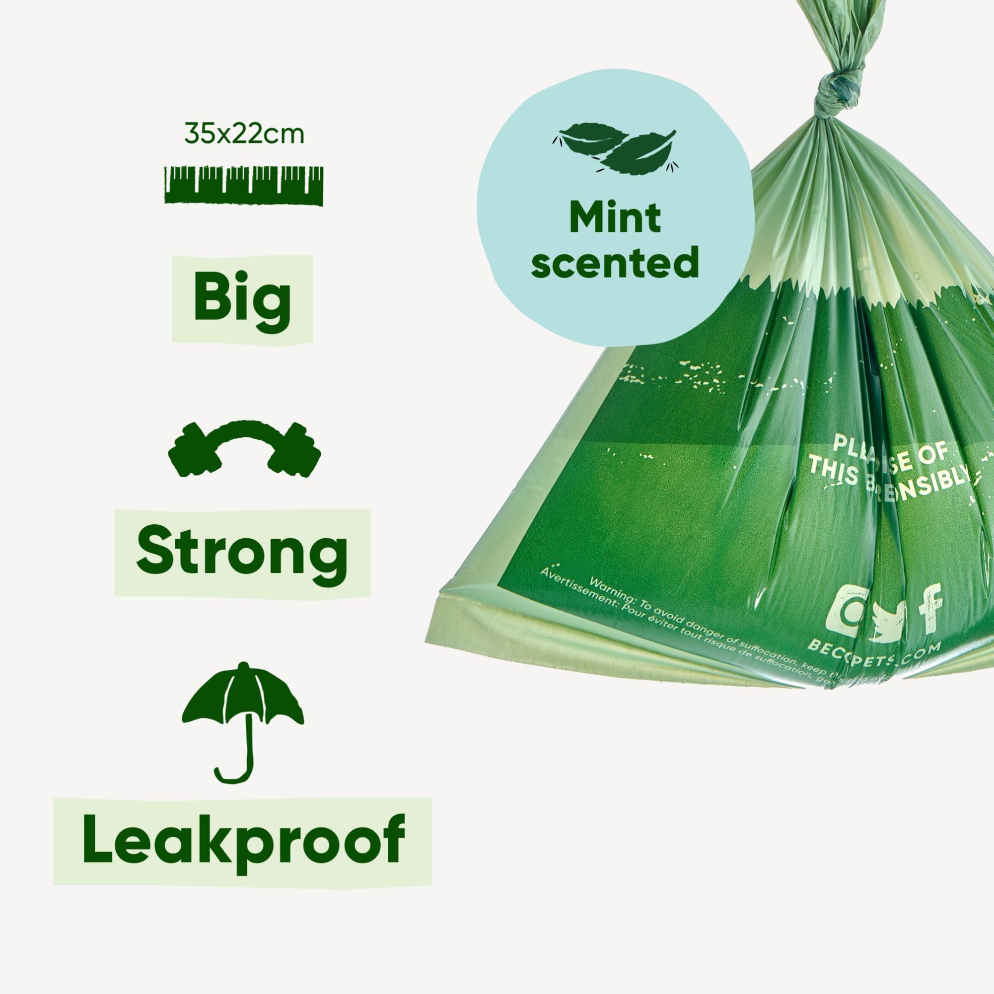 Beco Strong & Large Poop Bags - 270 Bags (18 Rolls of 15) - Mint Scented | Leakproof | Recycled Plastic