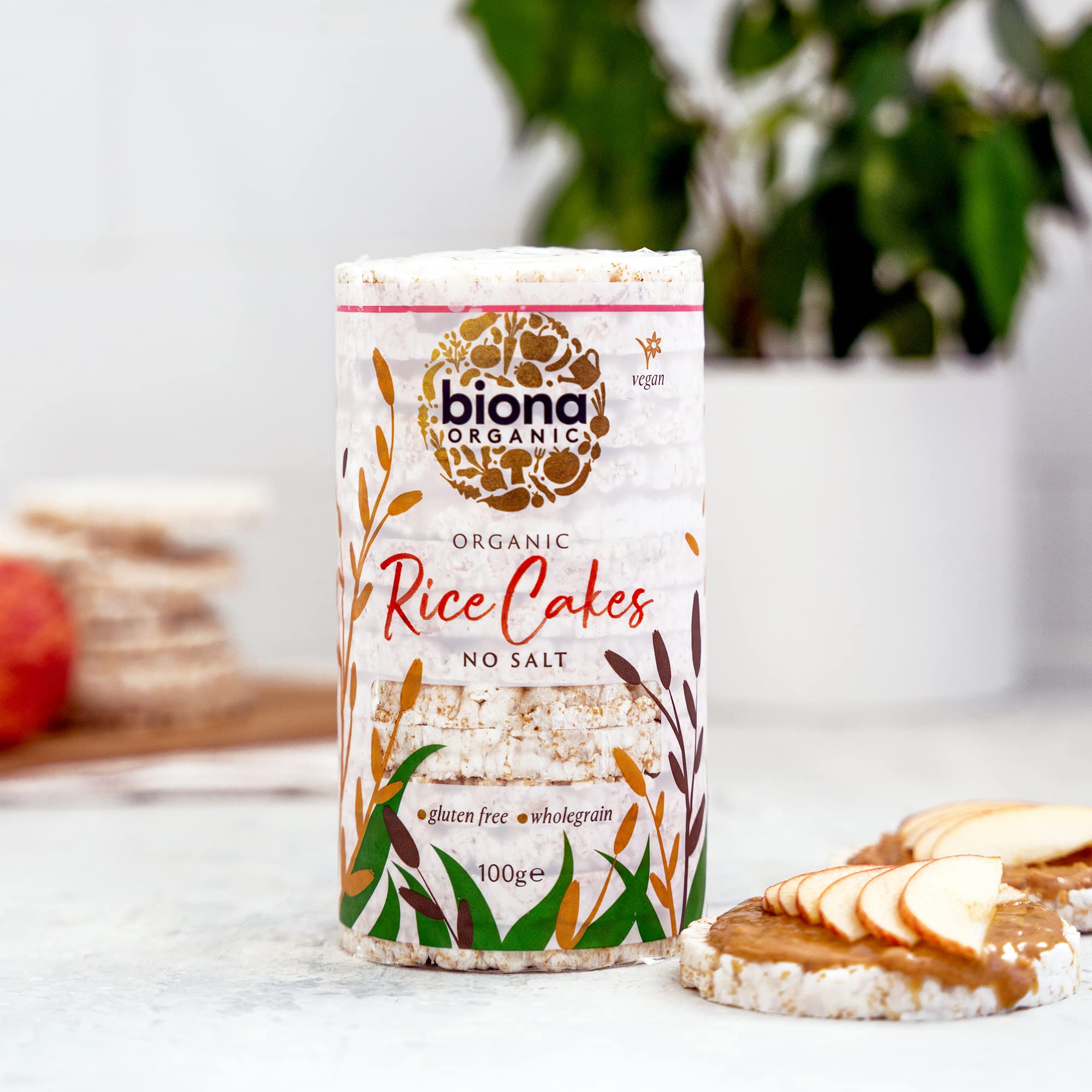 Biona Organic Unsalted Rice Cakes - 100% Organic Wholegrain Brown Rice - Source of Fibre, Naturally Gluten Free - Vegan Snacks (Pack of 12)