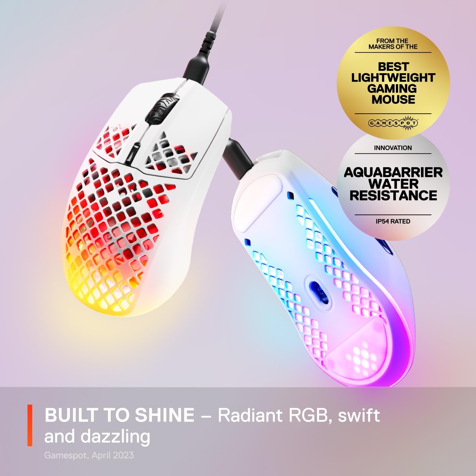 SteelSeries Aerox 3 Snow - Ultra-Lightweight Holey RGB Gaming Mouse, 8500 DPI TrueMove Core Sensor, IP54 Water Resistant, 59g 12