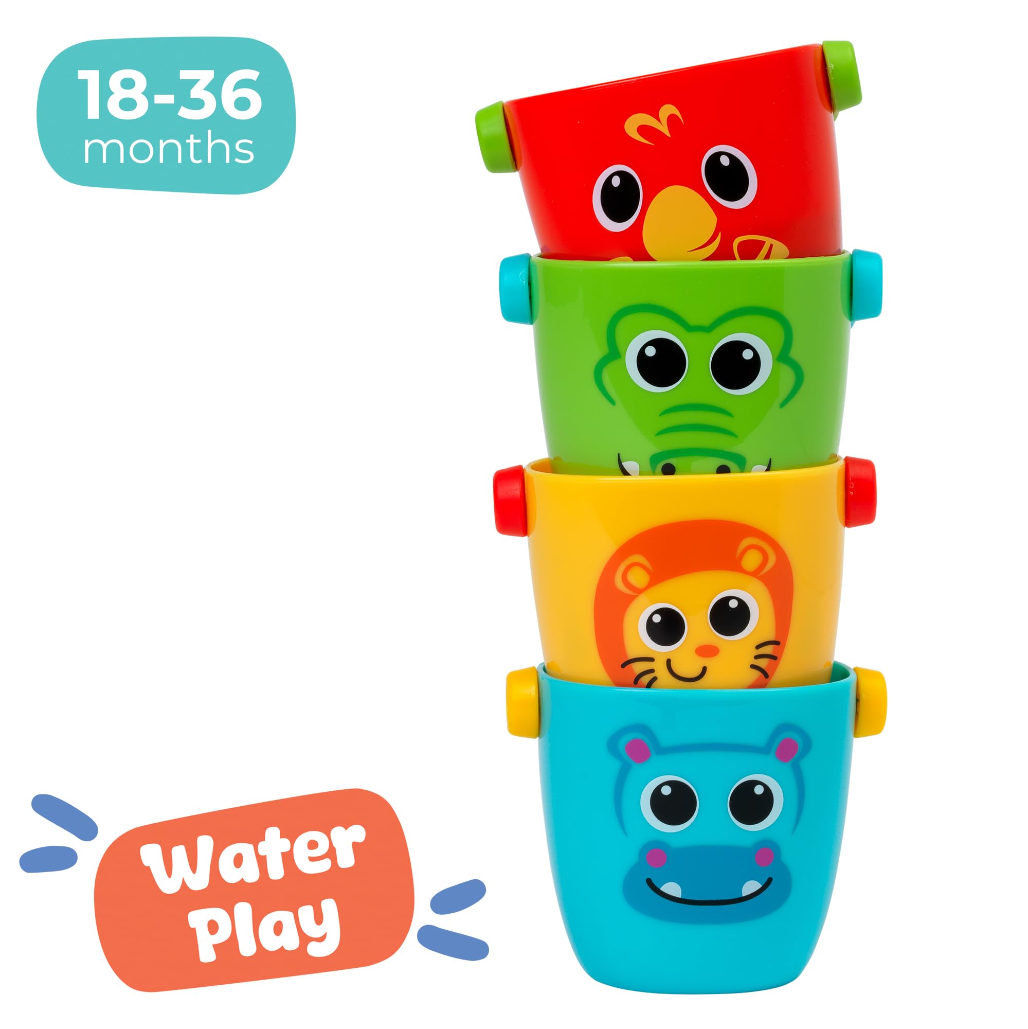 Play Tots Animal Bath Buckets - 4-Piece Stackable Bath Toy Set for Toddlers 6