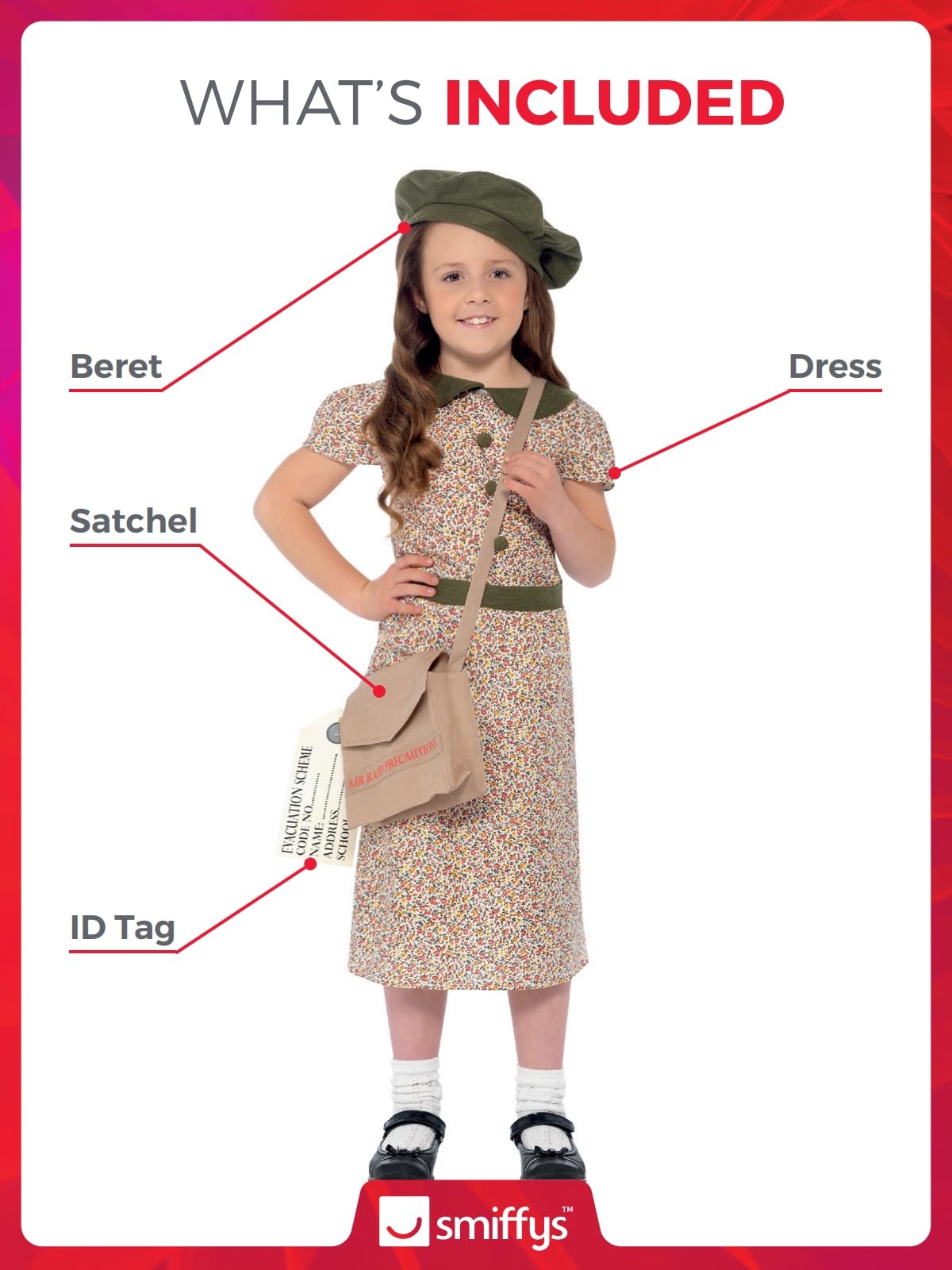 Smiffys Evacuee Girl Costume - 1940s Patterned Dress with Satchel, ID Tag & Beret, Ages 10-12 4