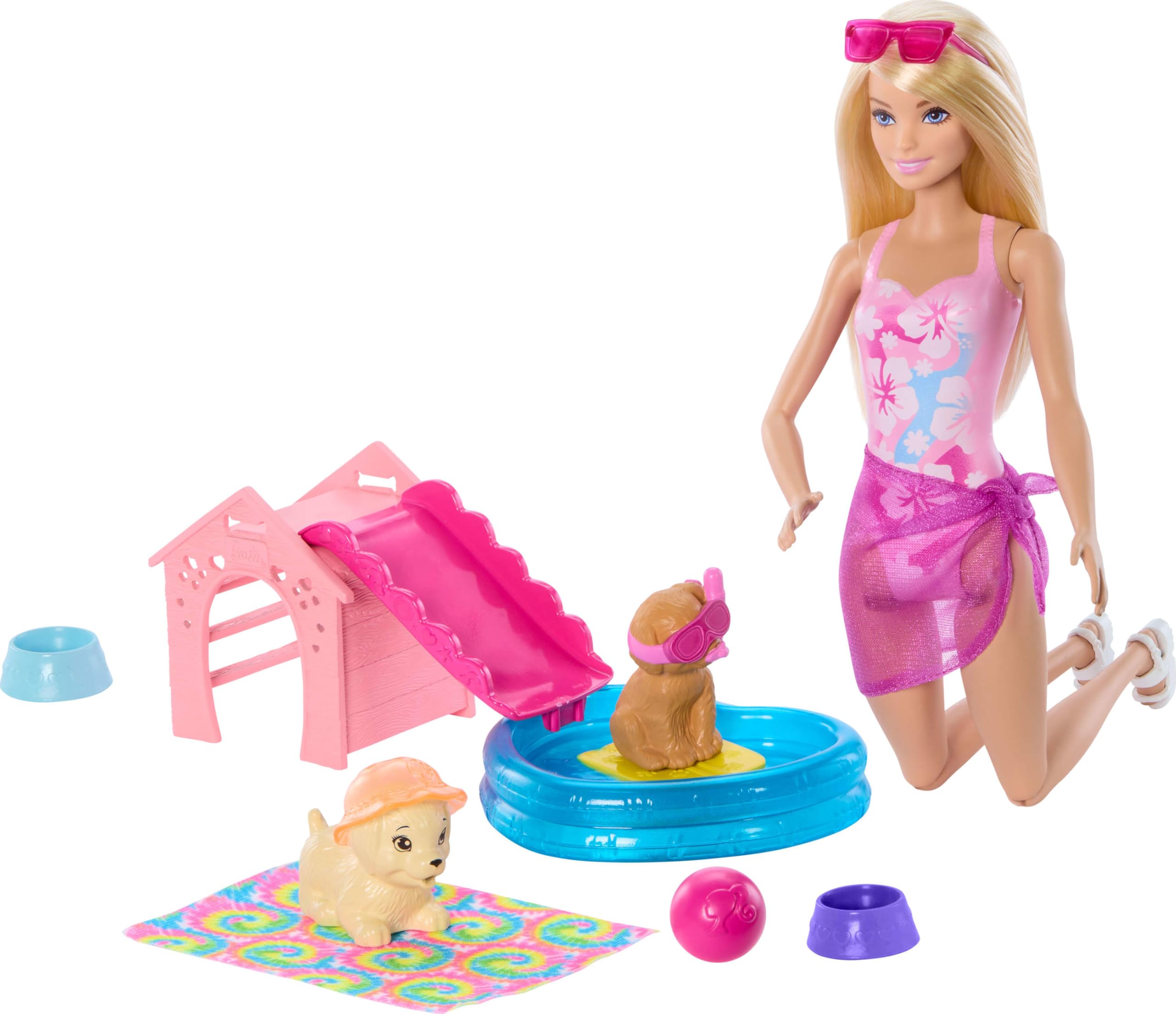 Barbie Puppy Pool Party Playset with Fashion Doll, 2 Pets, Doggy Slide & Color-Change Goggles 1