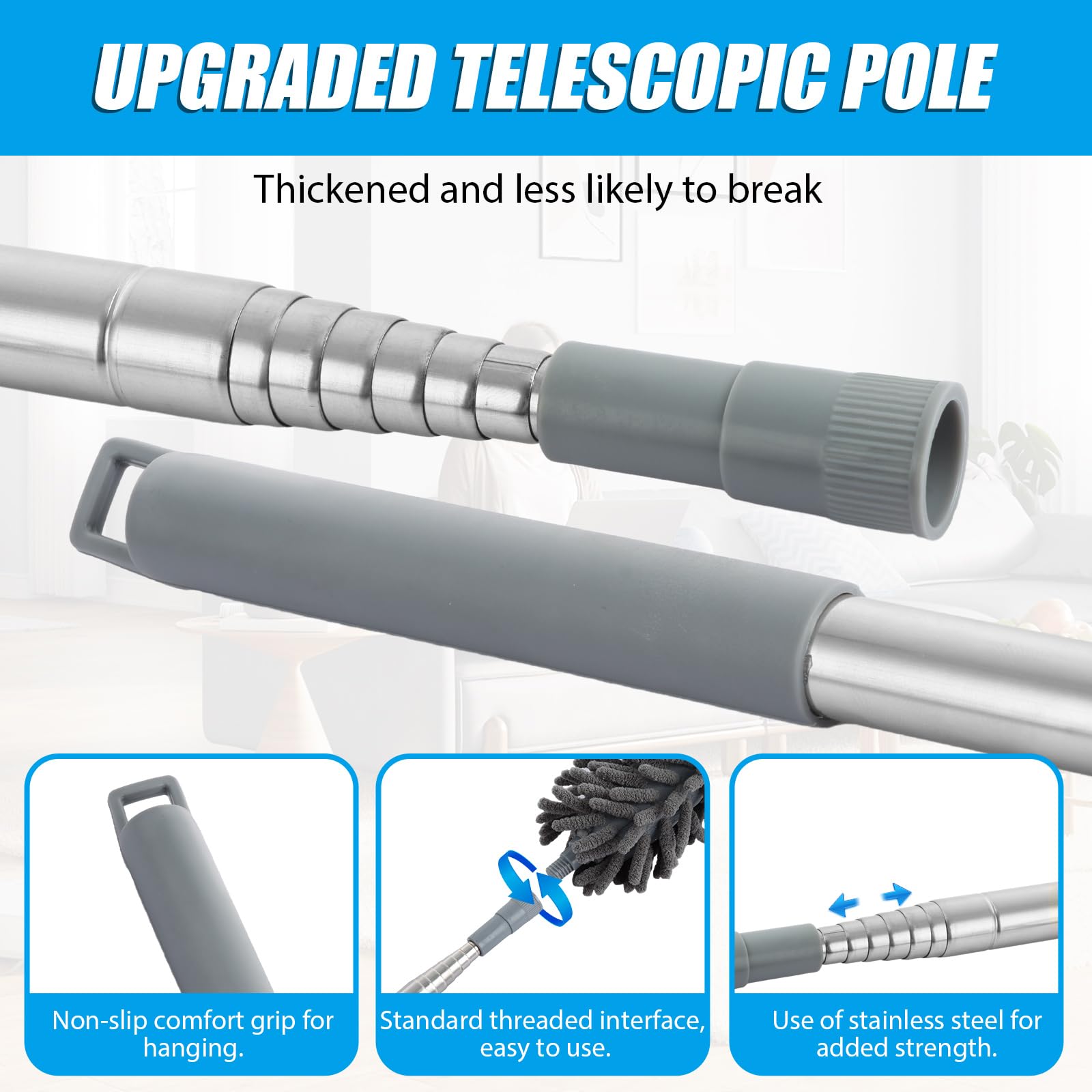 ASelected - Extendable Microfiber Duster with Telescopic Stainless Steel Handle for Home Cleaning