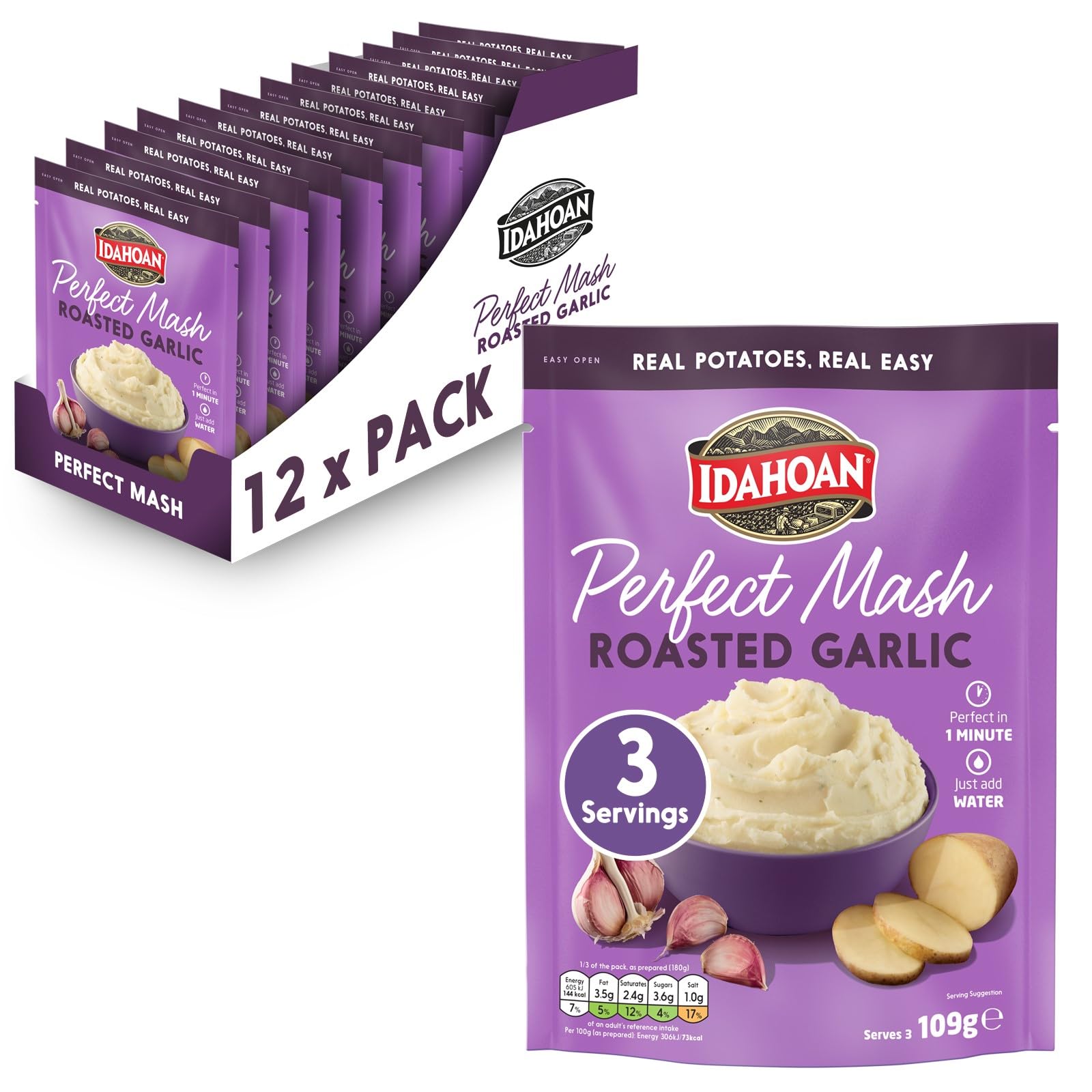 Idahoan Roasted Garlic Mash Potato - Gluten Free Vegetarian | Pack of 12 | 1308g 1
