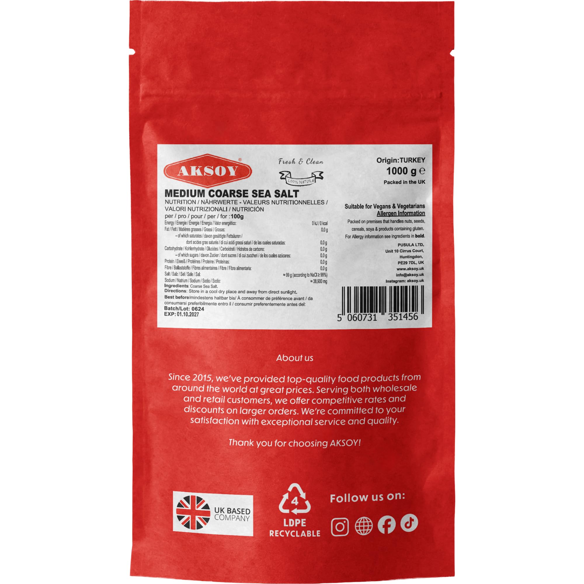 AKSOY Sea Salt - Medium Coarse Grain | 1kg | GMO Free, Vegan