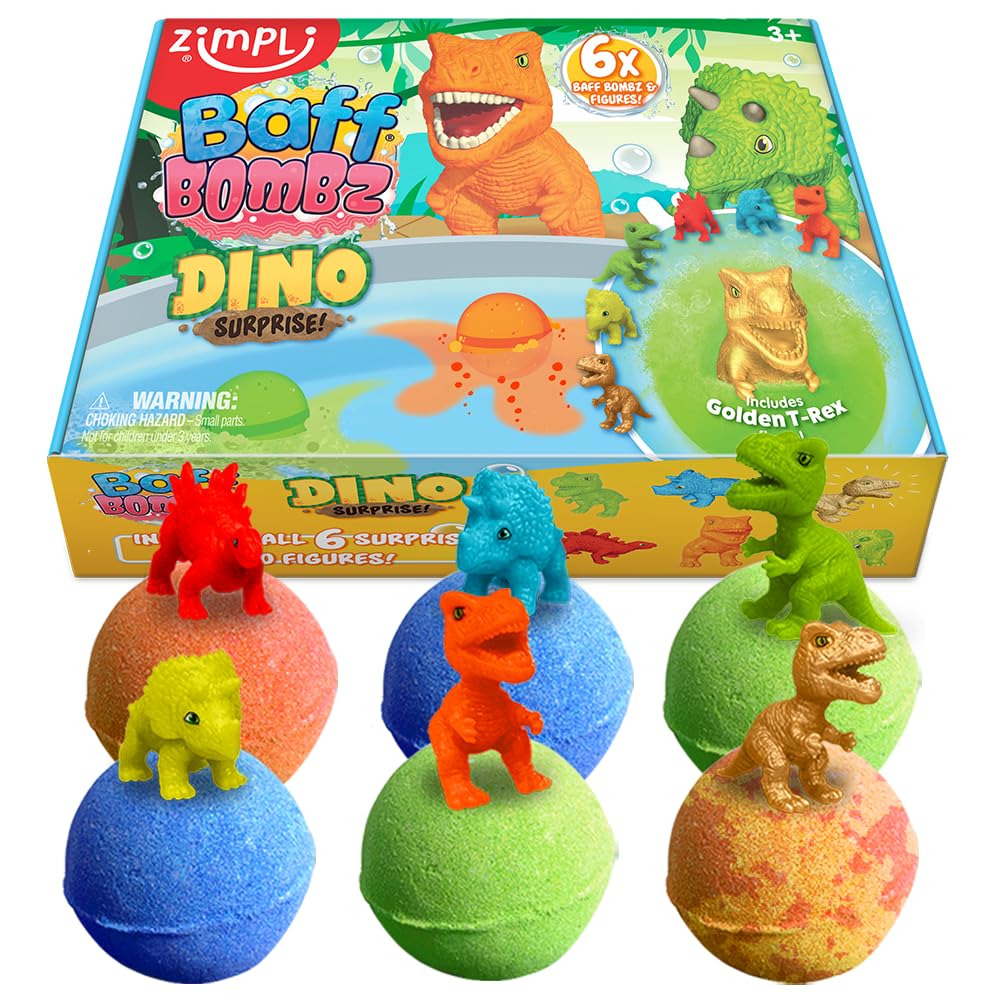 ZIMPLI 6 Pack Large Dinosaur Surprise Bath Bombs with 6 Hidden Toys | Strawberry Scented | Ages 3+